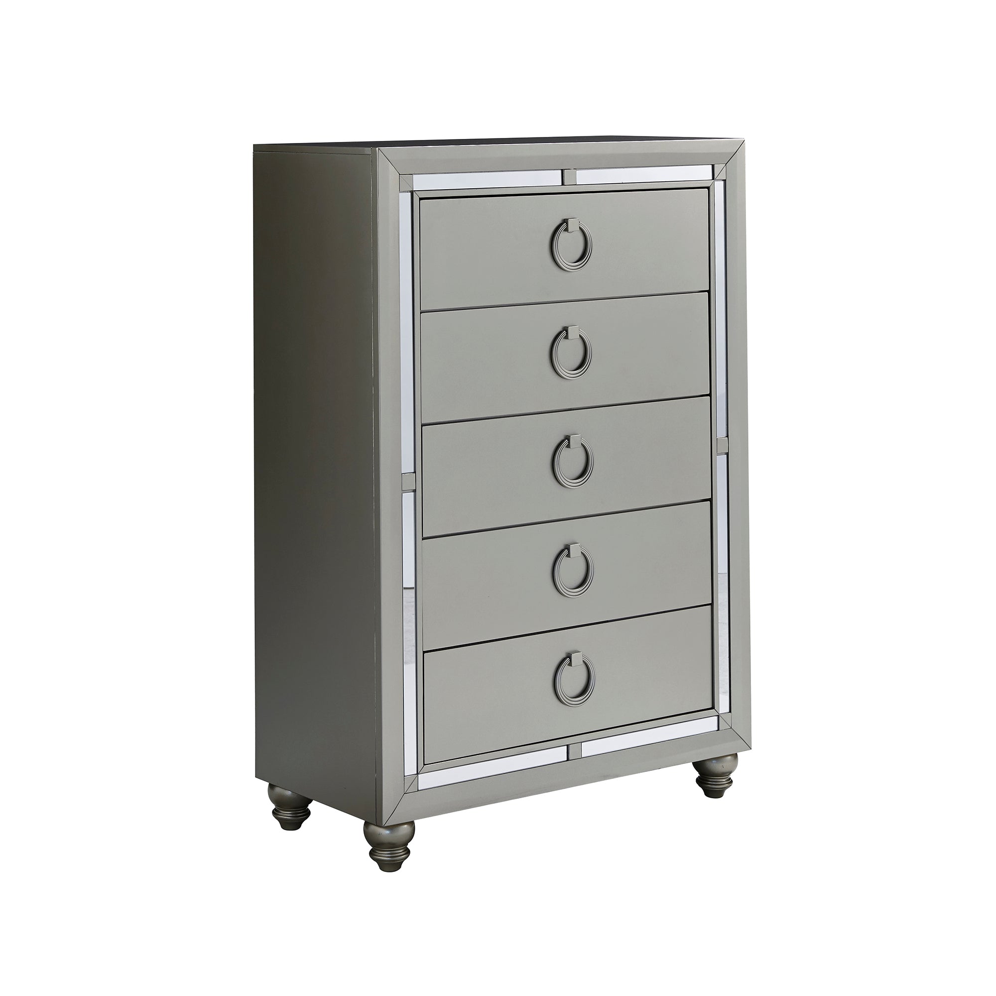 Chloe Gemstone Silver Chest with Mirror Accents and Spacious Drawers in Solid Wood and MDF