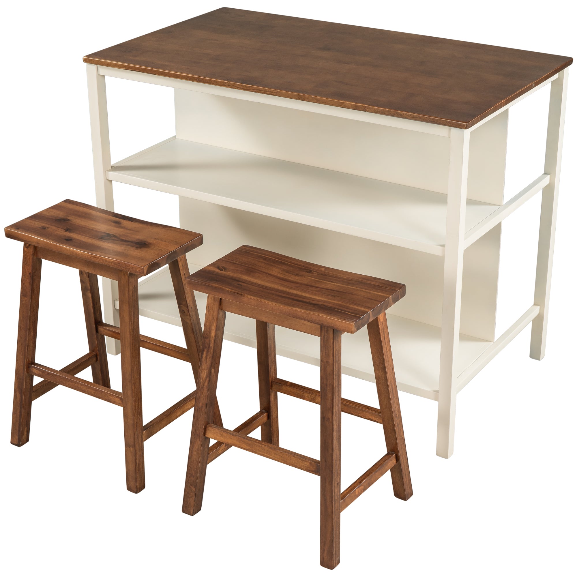 TOPMAX Rustic 3-piece Stationary Kitchen Island Set with Butcher Block and Seating, Walnut and Cream White