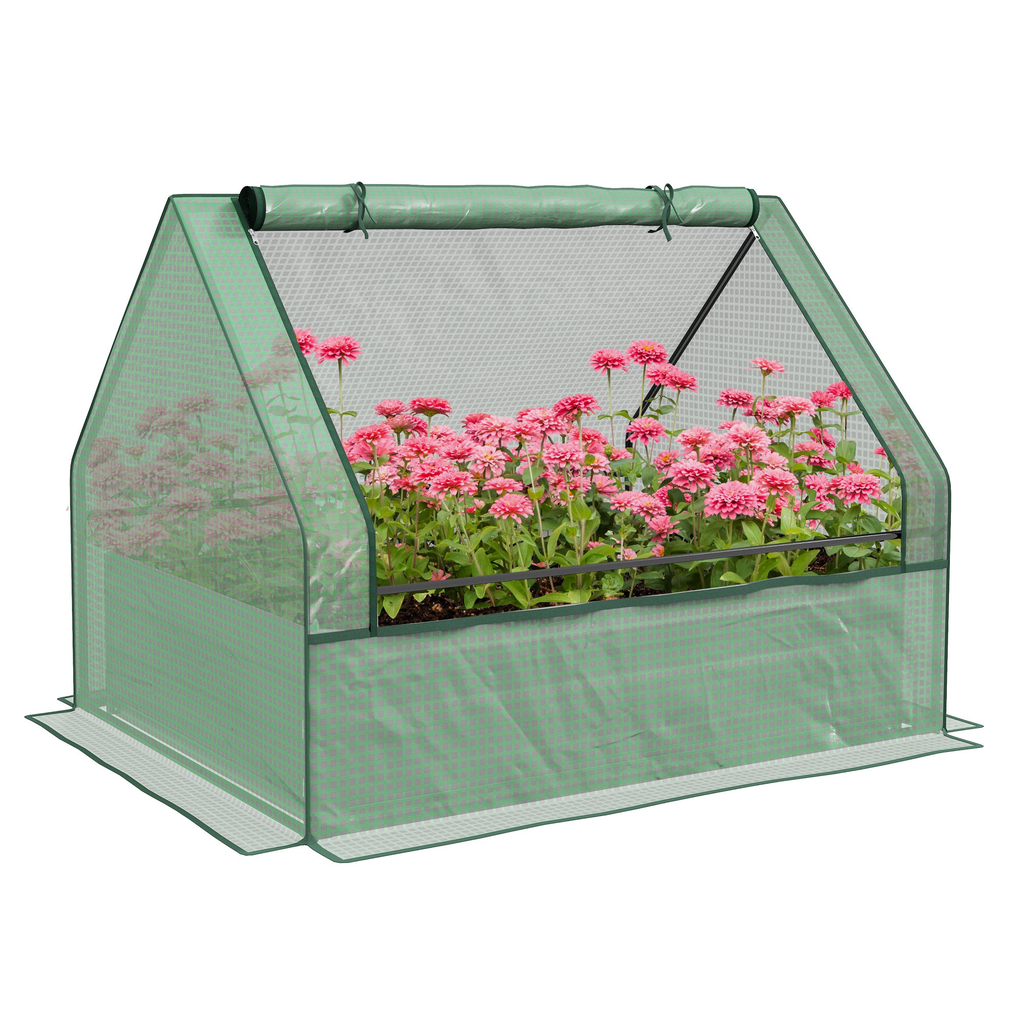 Outsunny Raised Garden Bed with Mini Greenhouse, Galvanized Outdoor Planter Box with Cover, for Herbs and Vegetables, Use for Patio, Garden, Balcony, Green Cover and Silver Planter