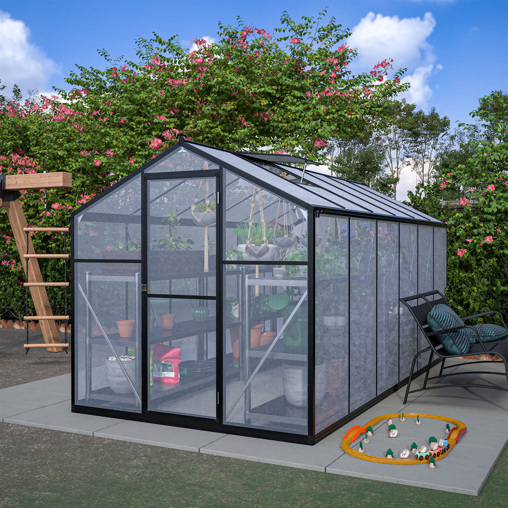 6' x 12' Thicked Polycarbonate Greenhouse, Greenhouse with Double Flush Door, Rain Gutter and Ventilation Window, Green House for Sunroom, Garden, Backyard, Walk-in Large Winter Greenhouse