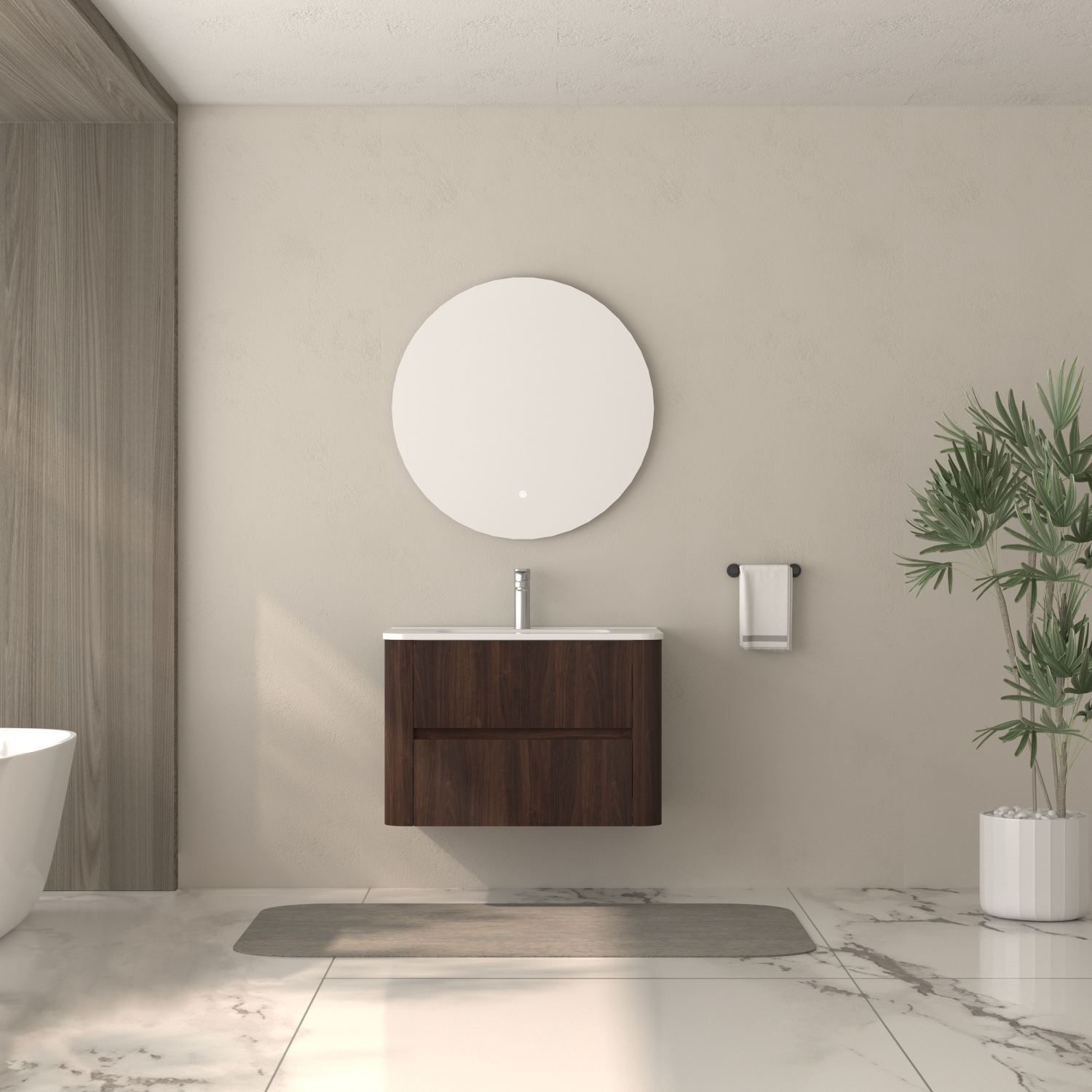 30' Wall Mounted Bathroom Vanity with Sink Floating Vanity Two Drawers Dark Walnut Bathroom Cabinet with White Ceramic Integrated Sink