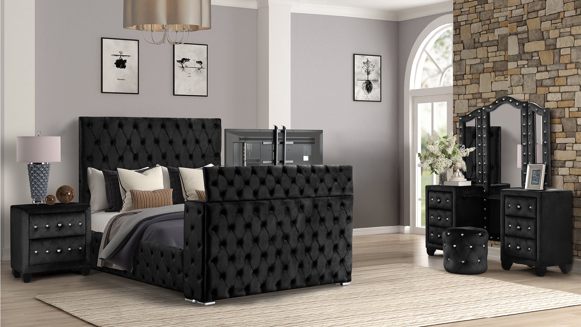 Encore Modern Style Tufted and Upholstered King 4PC Vanity Bedroom set made with wood in Black(NJ Warehouse Inventory)