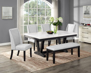 6pc Dining Set Contemporary Style White Genuine Marble Rectangular Table Top Dove Gray Upholstery Chairs Nailhead Tufted Bench Black Finish Wooden Solid Wood Dining Room Furniture