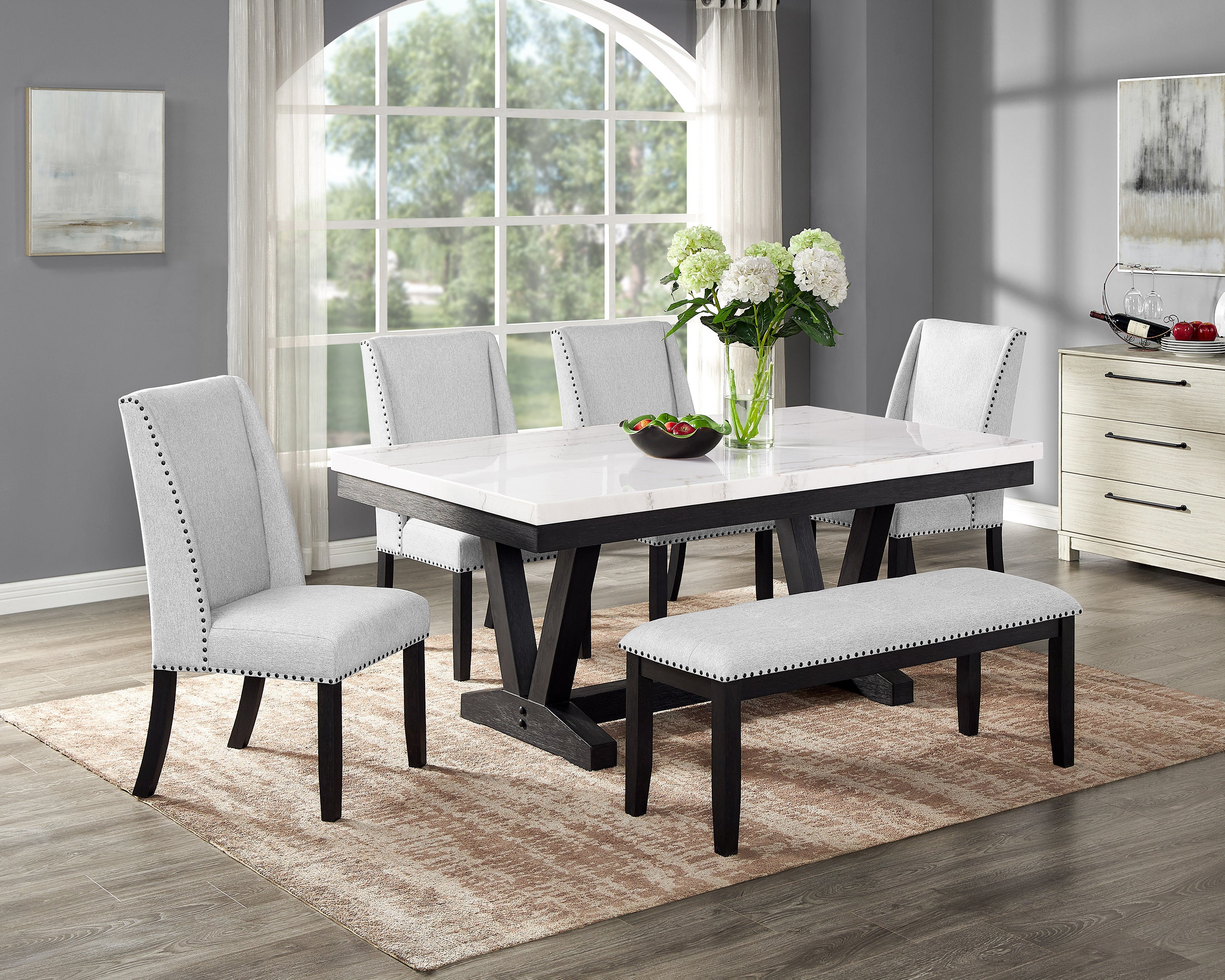 6pc Dining Set Contemporary Style White Genuine Marble Rectangular Table Top Dove Gray Upholstery Chairs Nailhead Tufted Bench Black Finish Wooden Solid Wood Dining Room Furniture