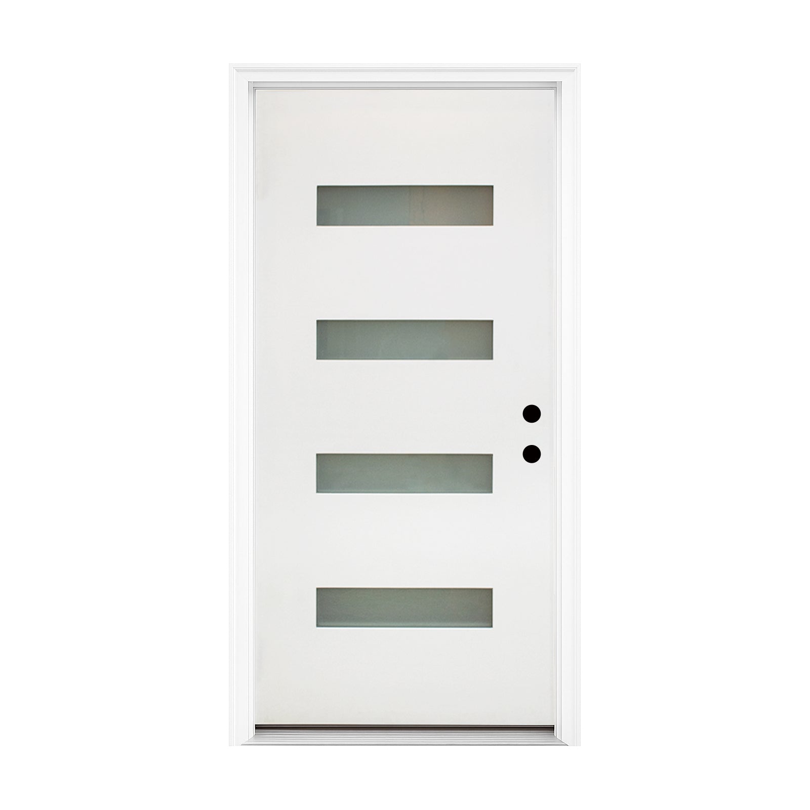 36 x 80 Fiberglass Entry Door, White Finish Knock-Down Fiberglass Door with New Packaging Vinyl Frame, 4-Lite Frosted Glass - Contemporary Style for Home's Front Entrance, Left Hand Inswing