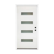 36 x 80 Fiberglass Entry Door, White Finish Knock-Down Fiberglass Door with New Packaging Vinyl Frame, 4-Lite Frosted Glass - Contemporary Style for Home's Front Entrance, Left Hand Inswing