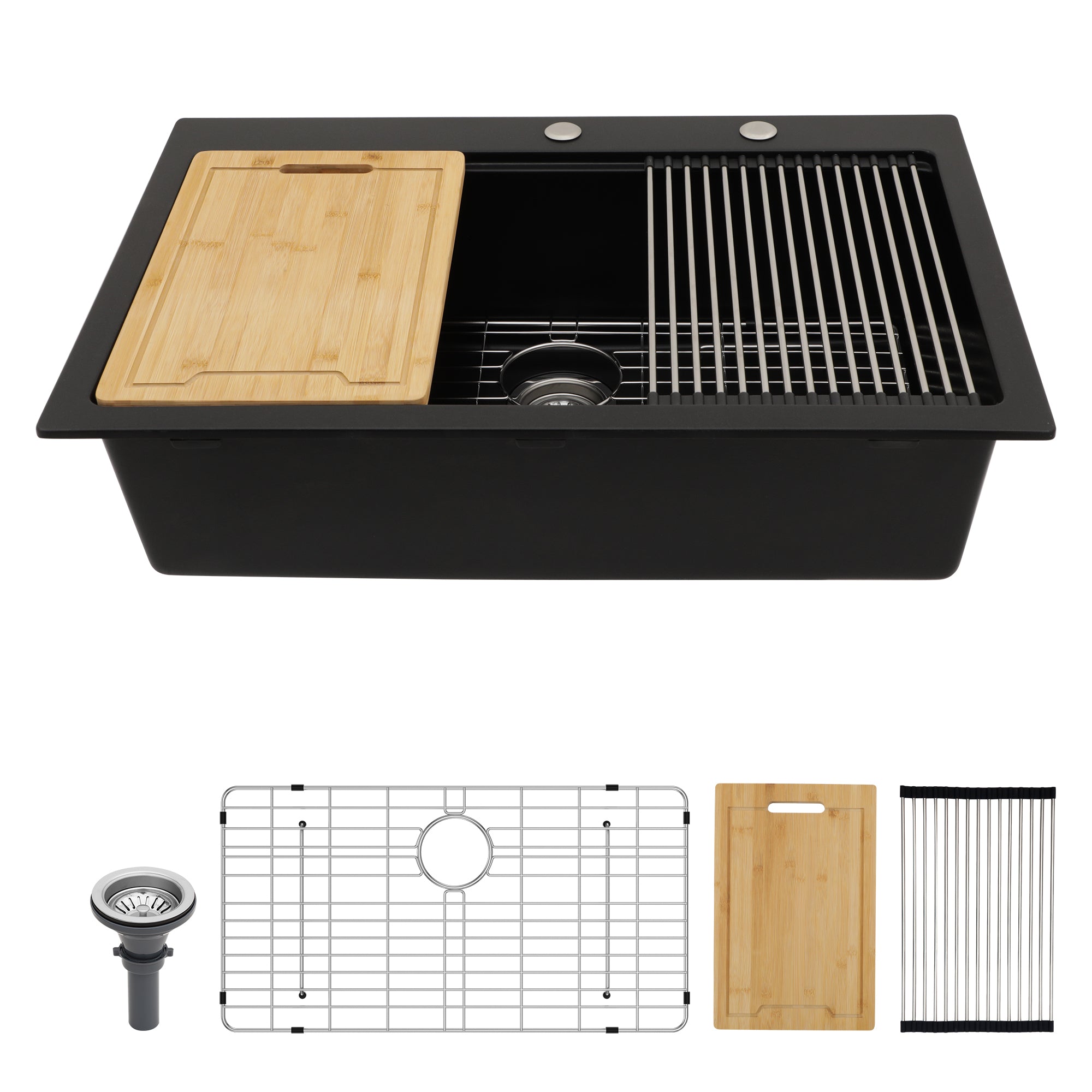 Quartz Kitchen Sink - 33' x 22' Black Granite Composite Drop-in Workstation