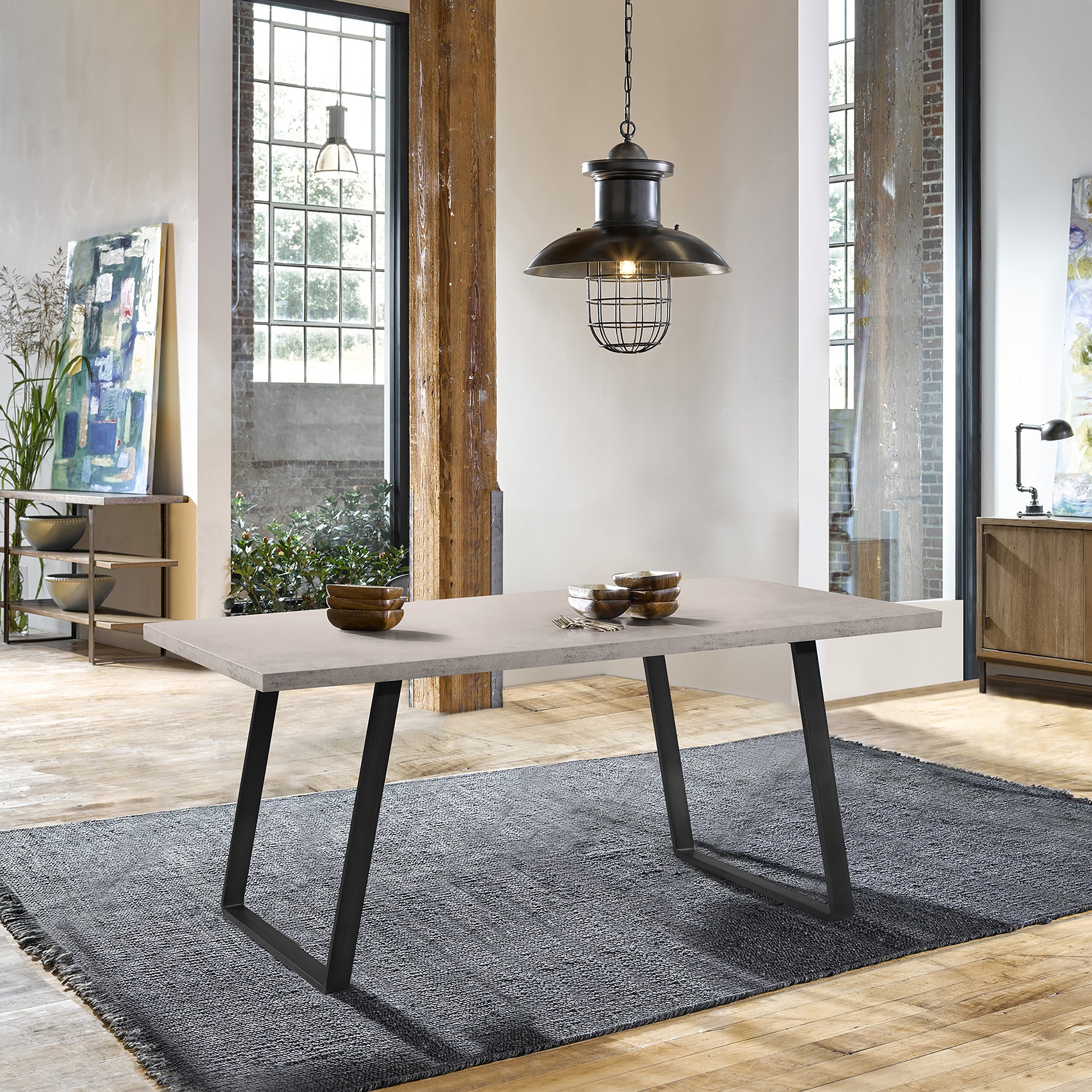 Palindra Contemporary Dining Table in Gray Powder Coated Finish with Cement Gray Top