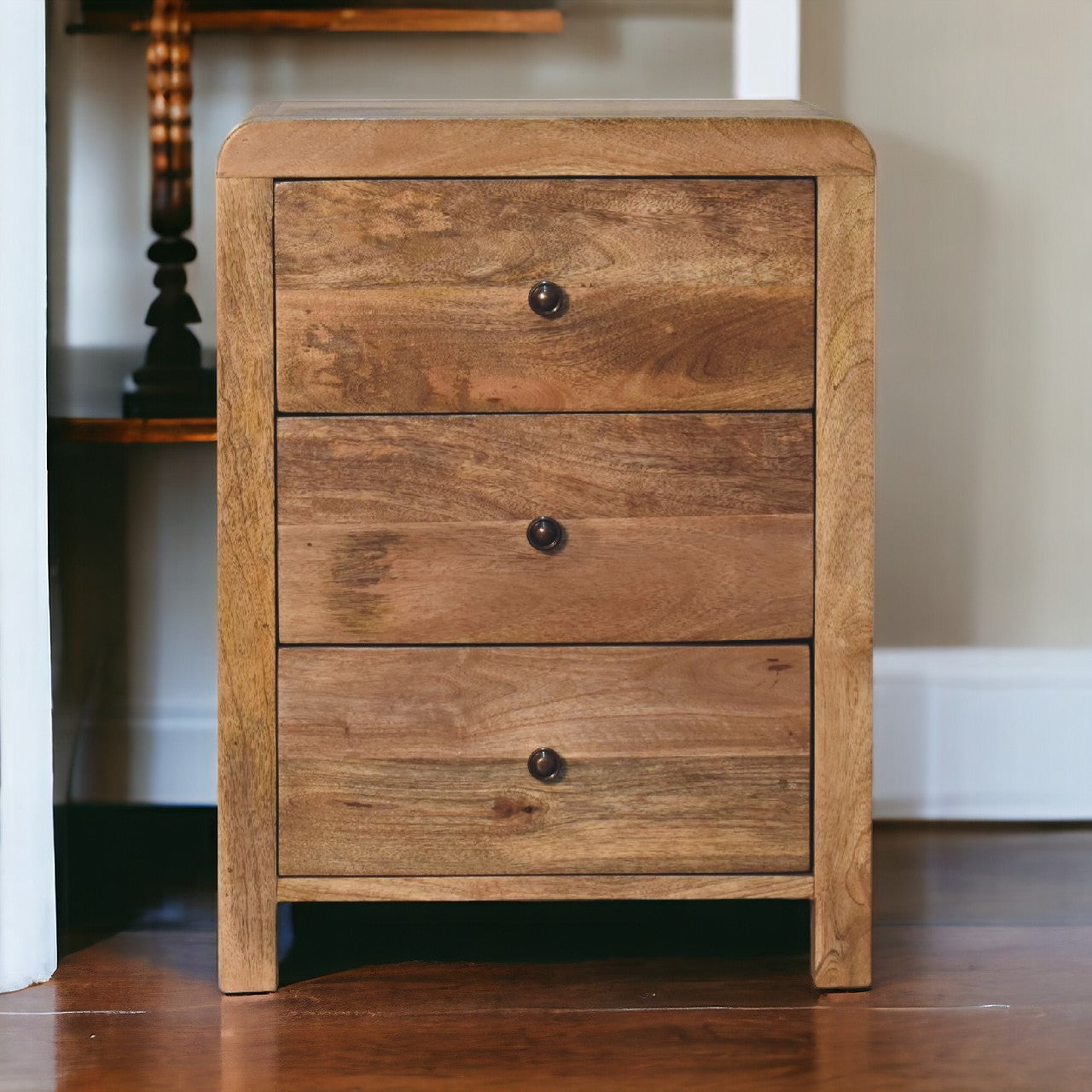 Solid Wood Oak-ish Naya Nightstand,3-Drawers, Brown