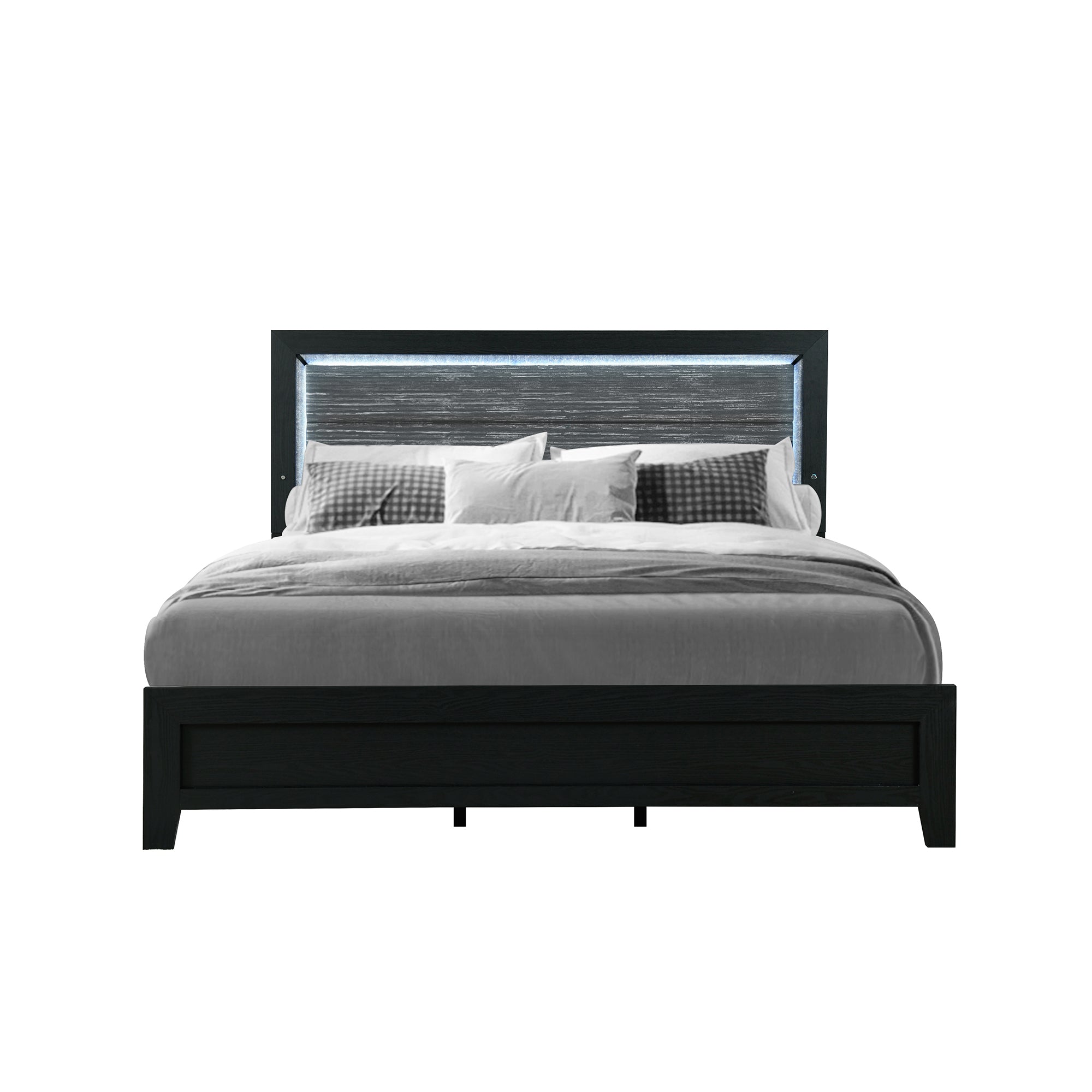 CARLOS Modern Black 5PC King Bedroom Set with Upholstered Headboard and LED Lighting