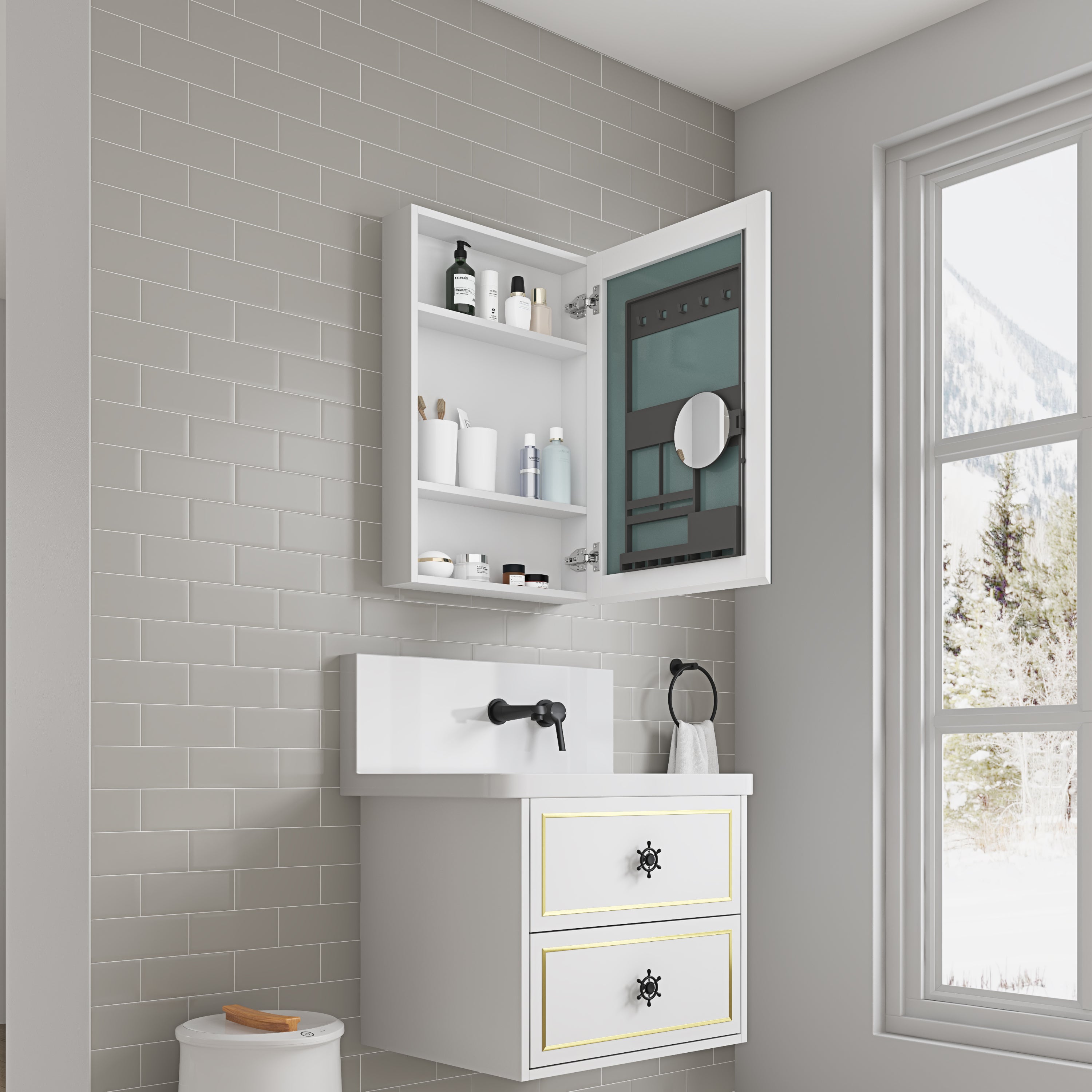 20'' W x 30'' H Bathroom Mirror Medicine Cabinet - Wooden Door Medicine Cabinets for Bathroom, Wall Mounted Recessed or Surface, Bathroom Mirror with Storage, Right opening door