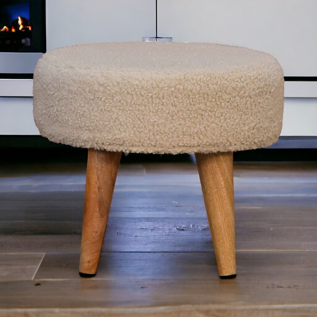 Solid wood Boucle Petite Footstool, Nordic Legs, Upholstered, Beige and Light Brown
