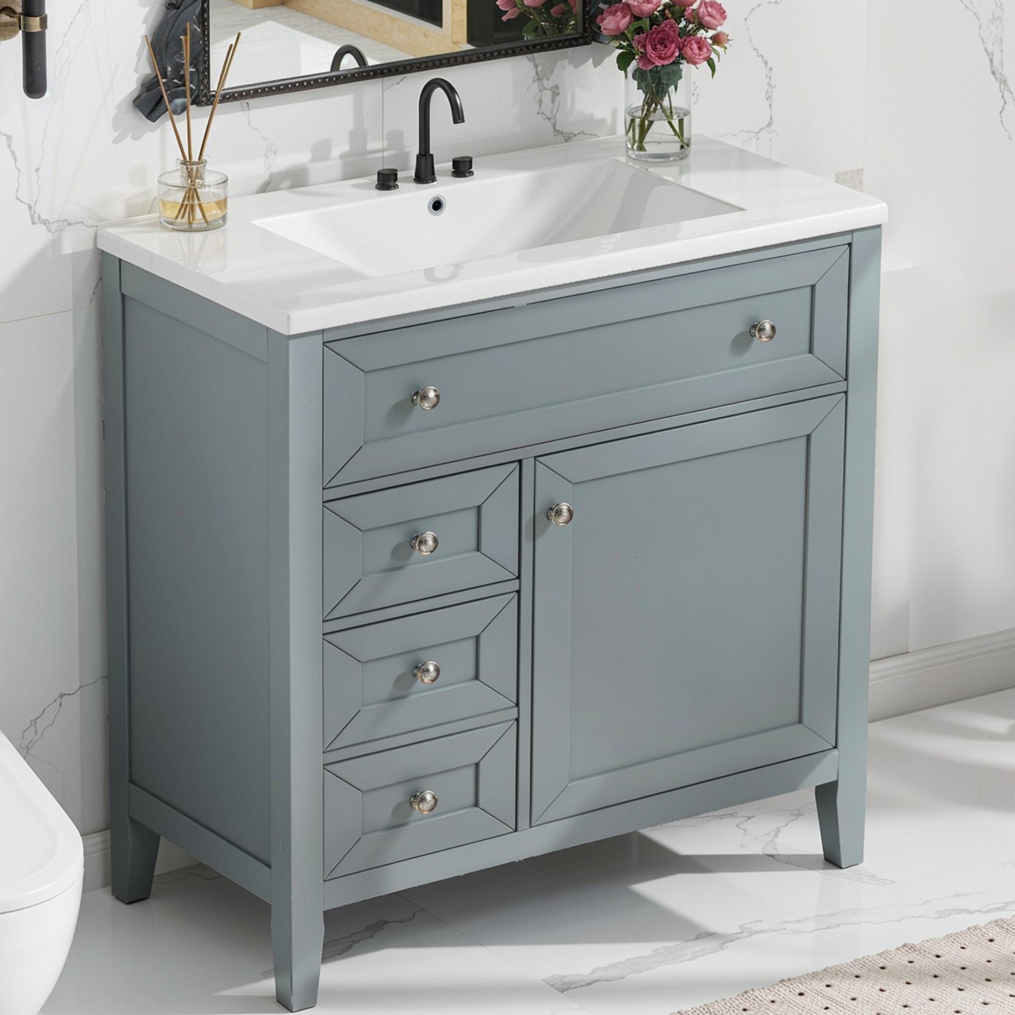 Solid Wood Bathroom Vanity with Ceramic Undermount Sink - 12' Soft-Close Drawer Slides, Flip Bin + Single Drawer + Storage Drawer, Adjustable Shelf, 70kg Load Capacity, Gray
