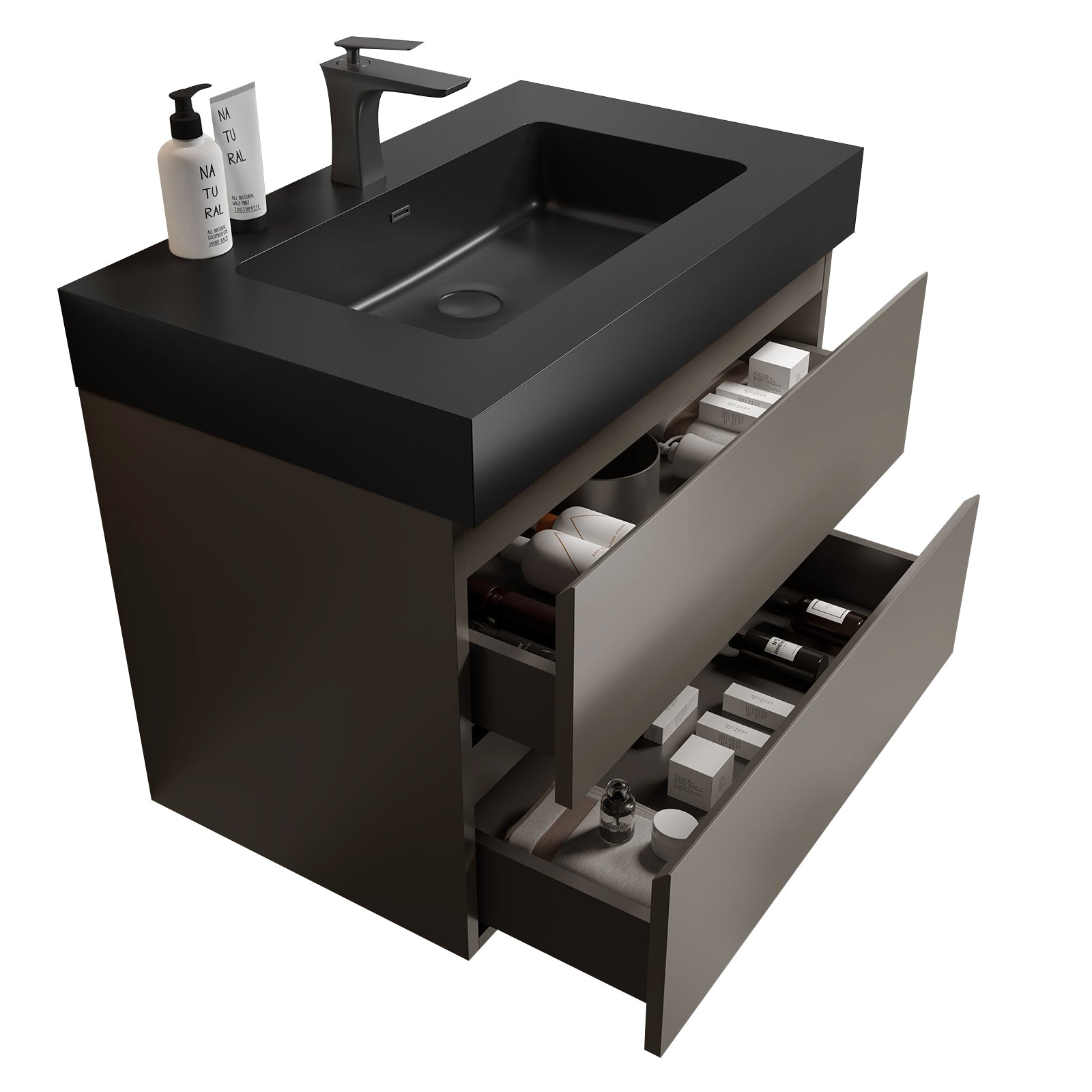 Alice 30' Gray Bathroom Vanity with Black Sink Basin, Large Storage, Wall Mounted, Pre-assembled