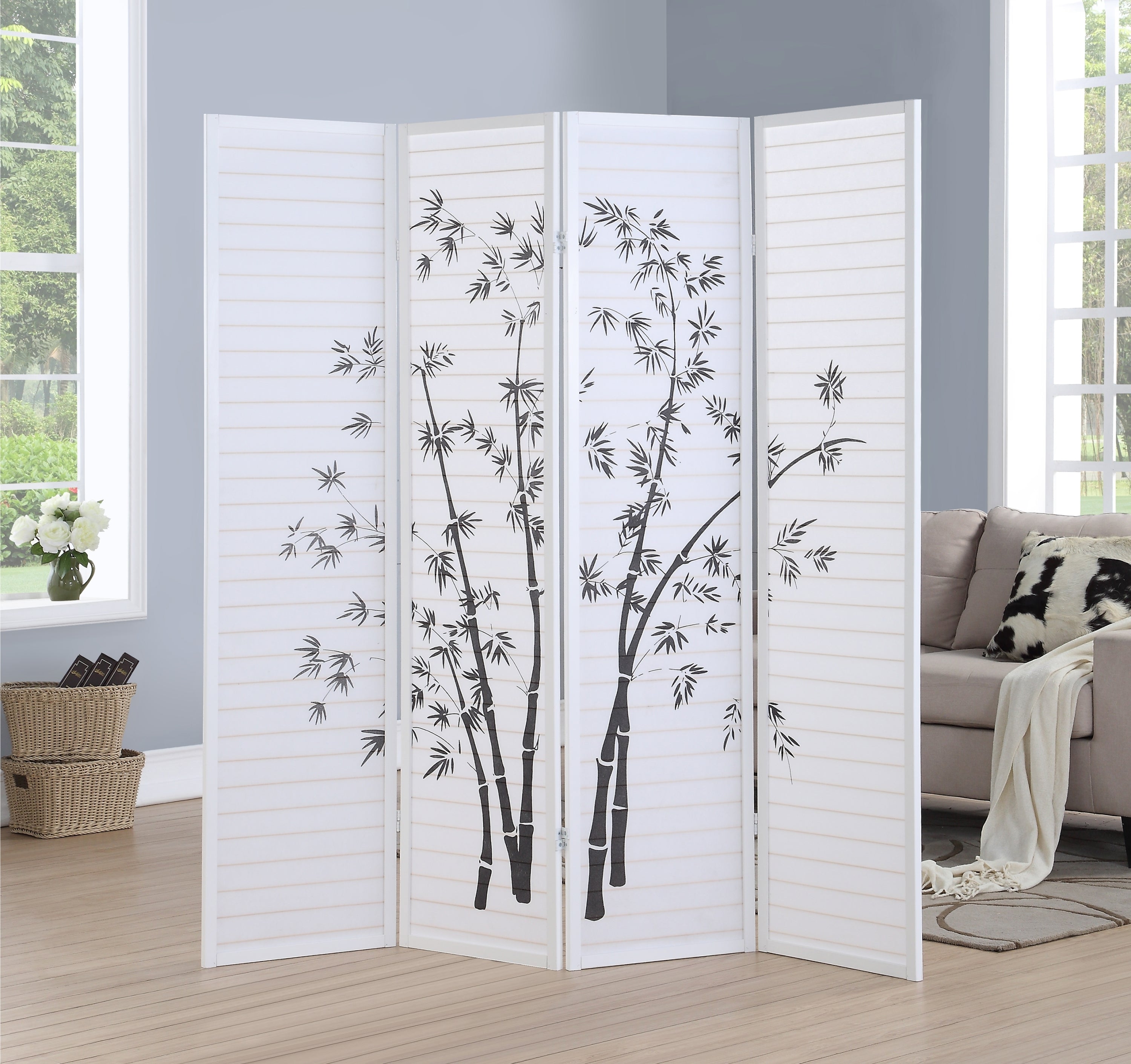 Bamboo Print 4-Panel Framed Room Screen/Divider, White
