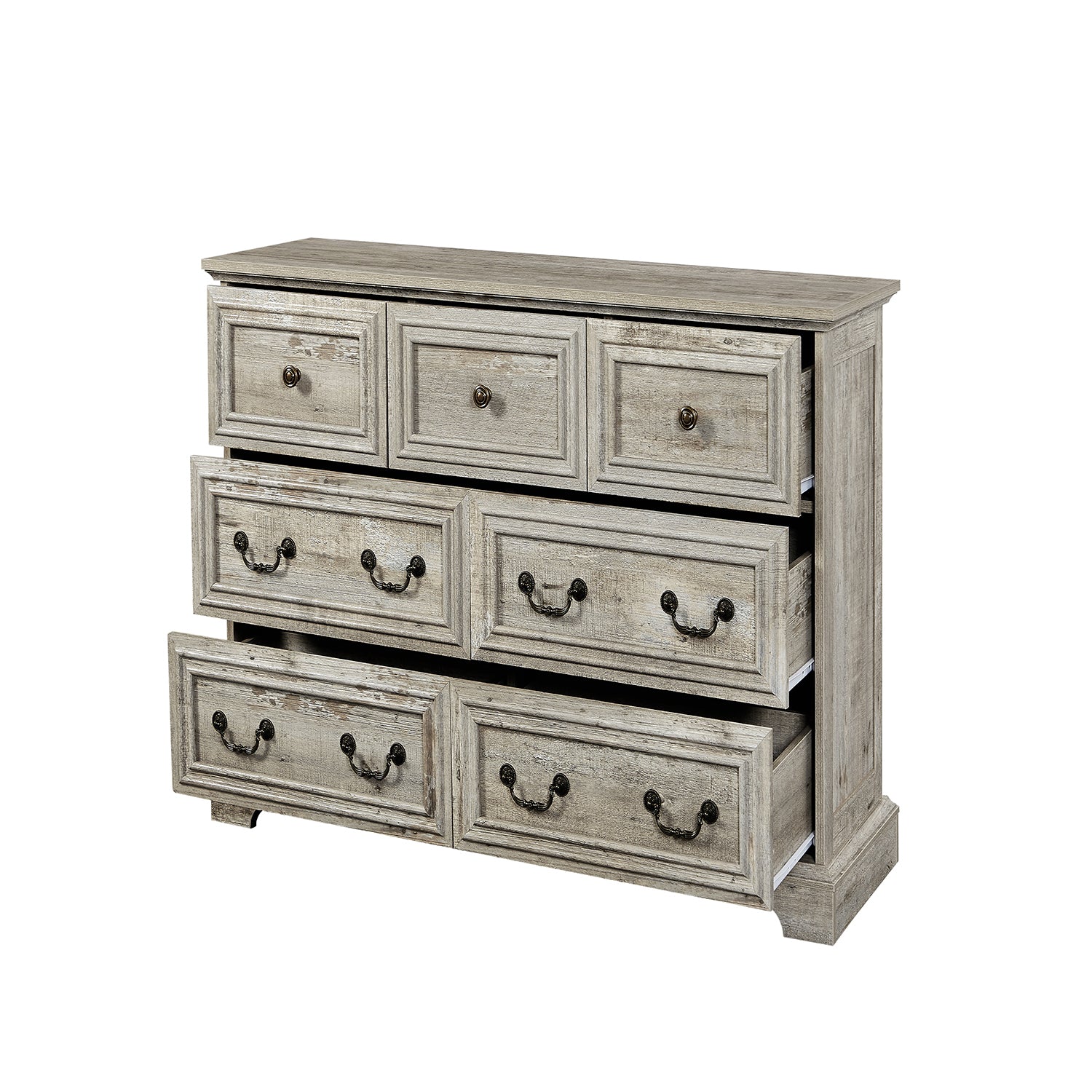 Farmhouse Vintage 7 Drawers Dresser with Natural Texture, Antique White Engineered Wood, 47.25' x 15.70' x 31.50'