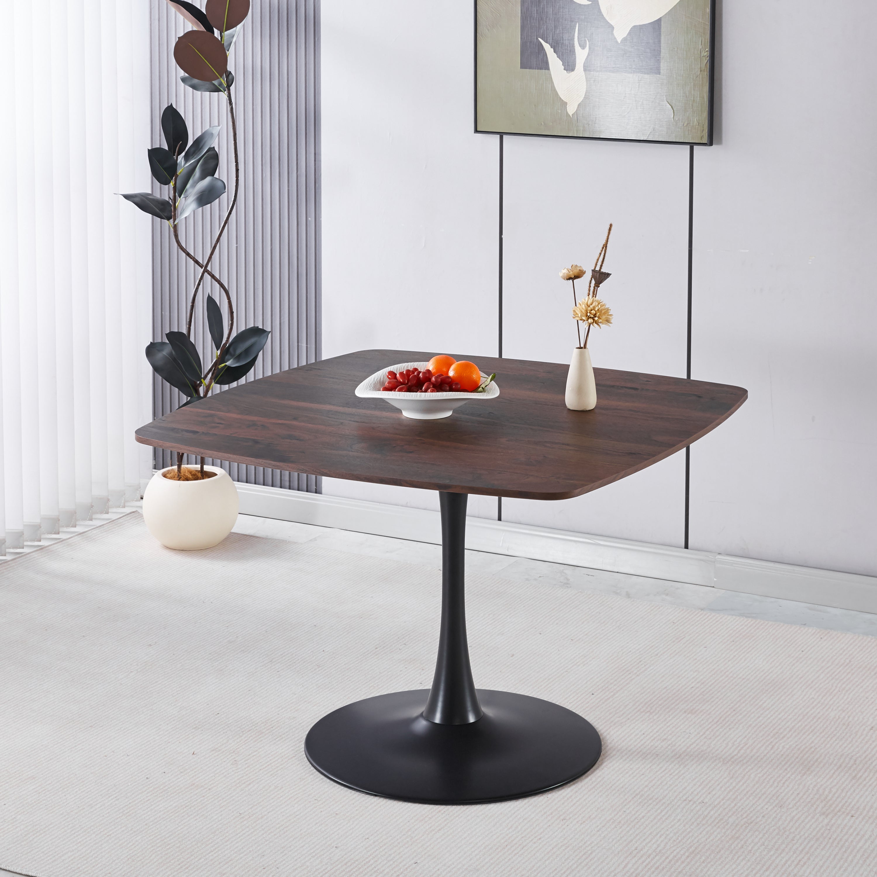 42 Inch Square Dining Table for 4-6 Person, Mid-Century Modern Tulip Table with Sturdy Metal Pedestal Base, Walnut Brown MDF Tabletop, Kitchen & Breakfast Table for Small Space, Apartment, Dining Room