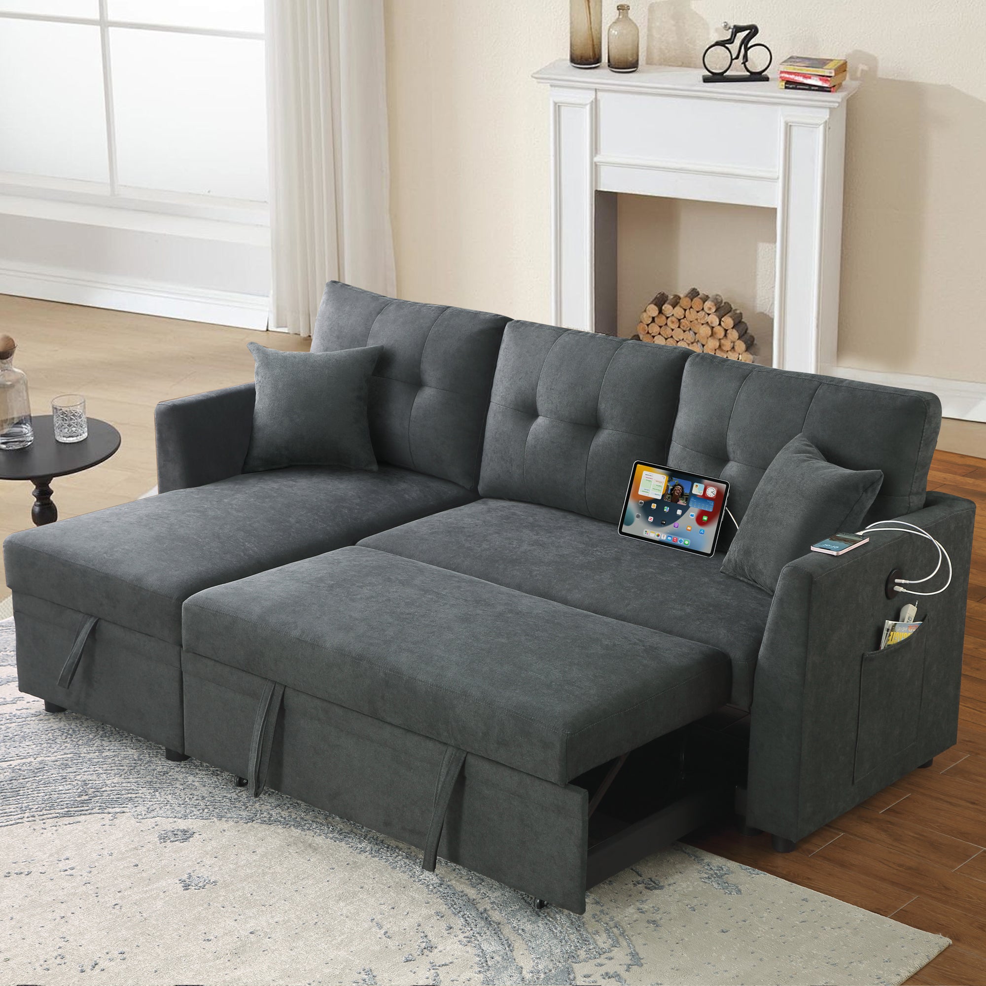 Sectional Sofa Bed L-Shaped Sofa Couch Bed with USB Port, Reversible Sofa Couch Sleeper with Pull Out Bed, Chaise with Storage, Pull Out Couch for Living Room