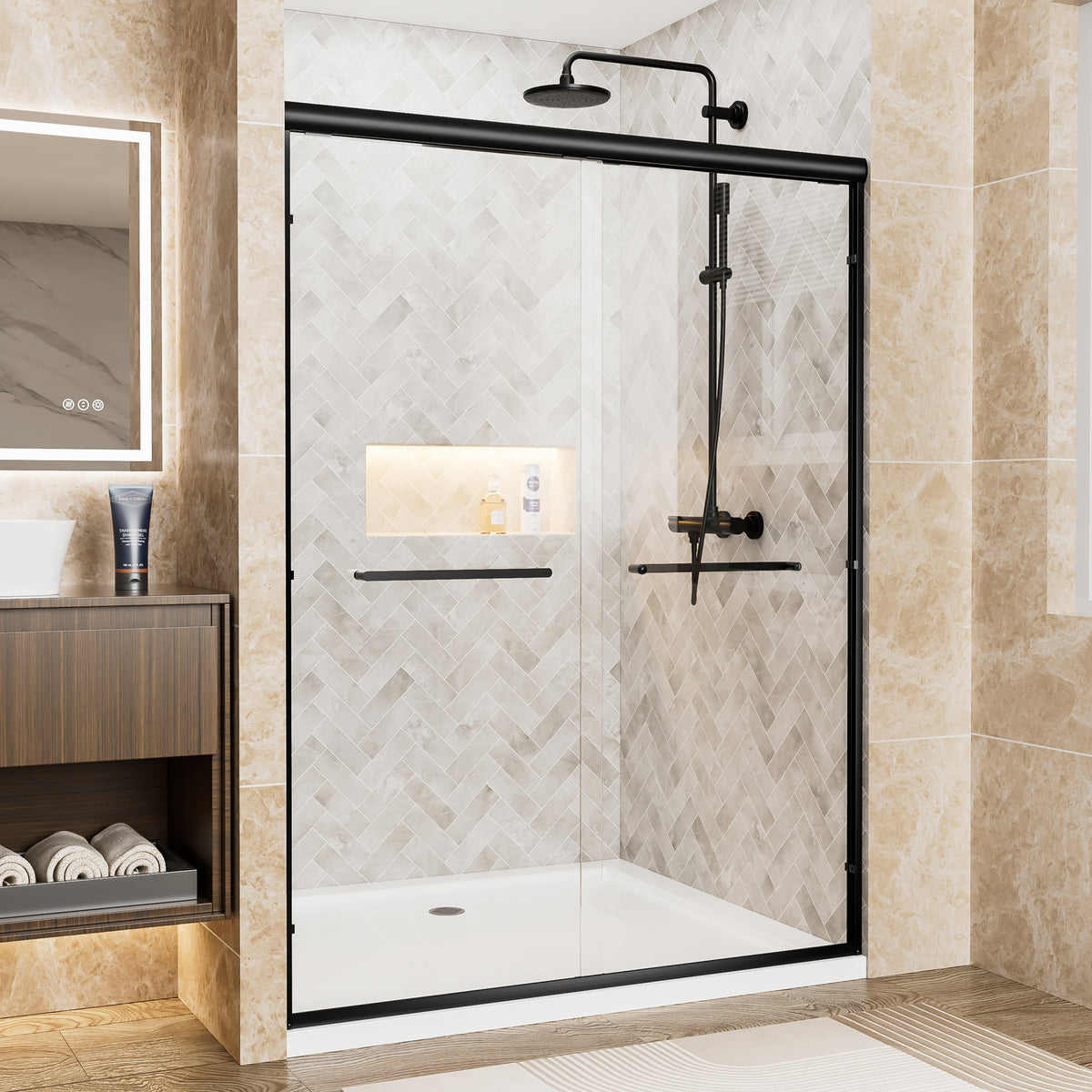 50'-54' W x 72' H Matte Black Aluminum Frame Double Sliding Shower Door, 1/4' (6mm) Clear Tempered Glass With Explosion-proof Film, Dual Stainless Steel Handles