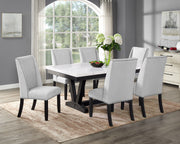 7pc Dining Set Contemporary Style White Genuine Marble Rectangular Table Top Dove Gray Upholstery Chairs Nailhead Tufted Black Finish Wooden Solid Wood Dining Room Furniture
