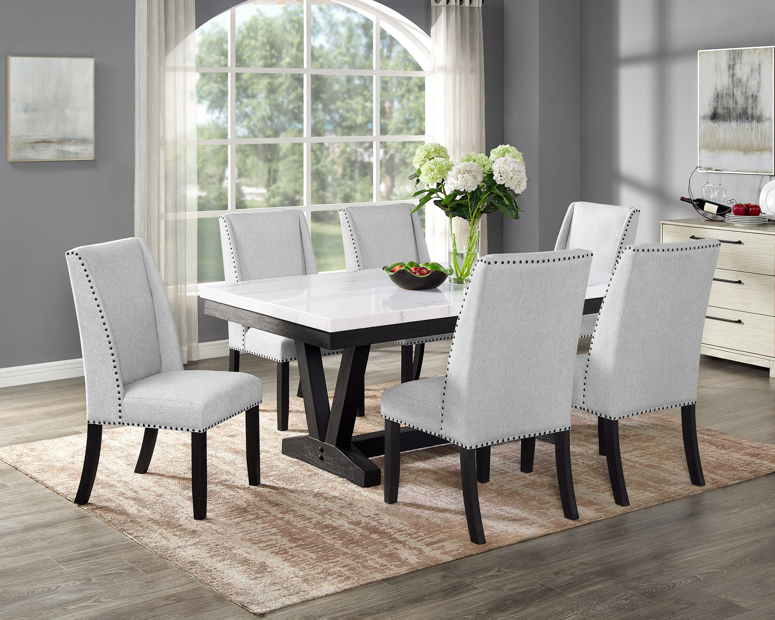 7pc Dining Set Contemporary Style White Genuine Marble Rectangular Table Top Dove Gray Upholstery Chairs Nailhead Tufted Black Finish Wooden Solid Wood Dining Room Furniture