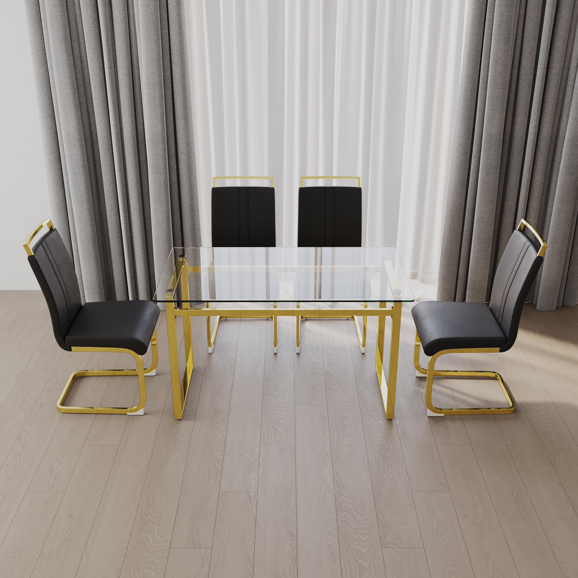 51 inch Glass Dining Table Set for 4, Dining Table & Chair Sets with Golden Plating Legs for Kitchen, Modern Rectangle Tempered Glass Table Top and  PU Dining  armless Chair for Dining Room