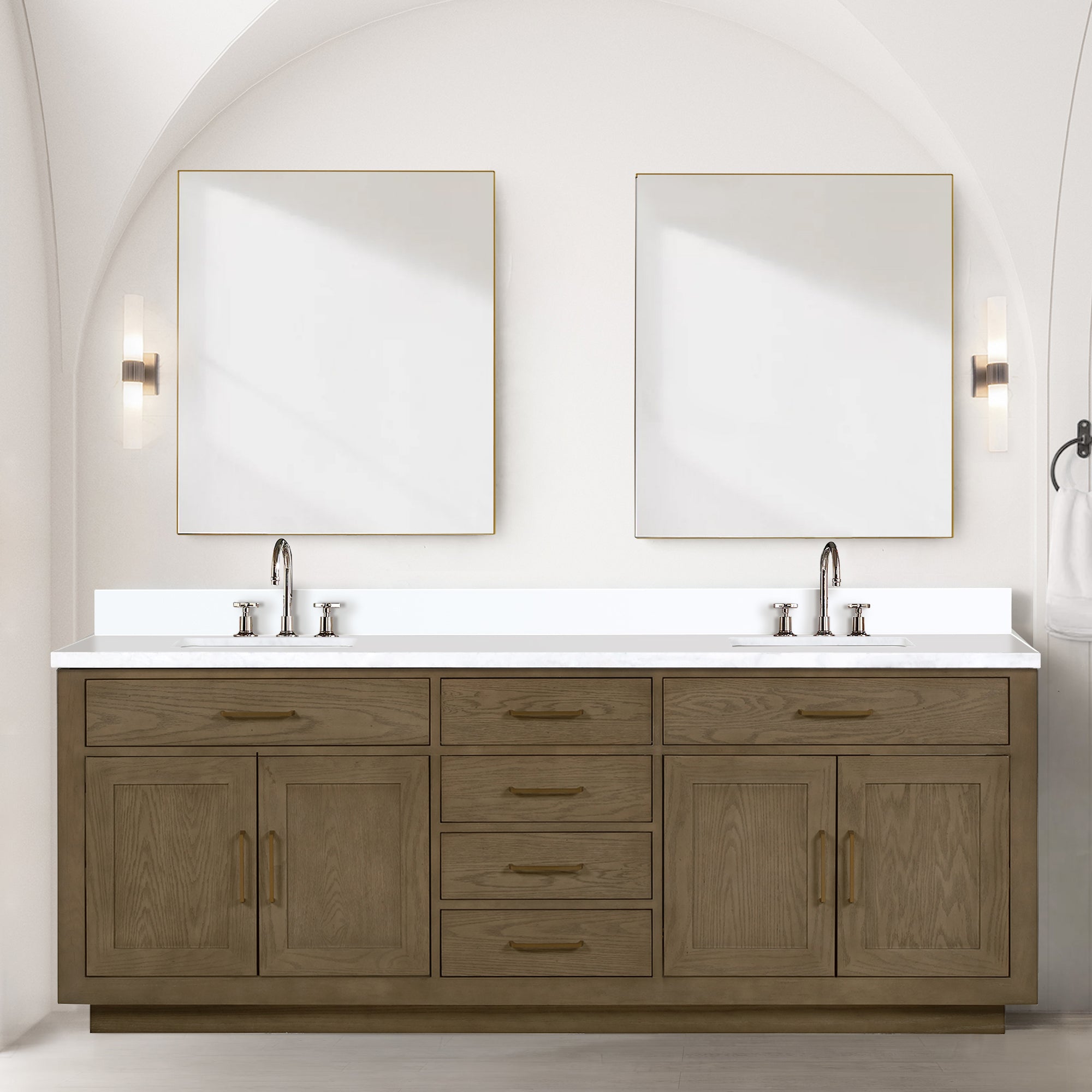 Grey Oak Double Bath Vanity 84 in. W x 22 in. D, with White Quartz Top