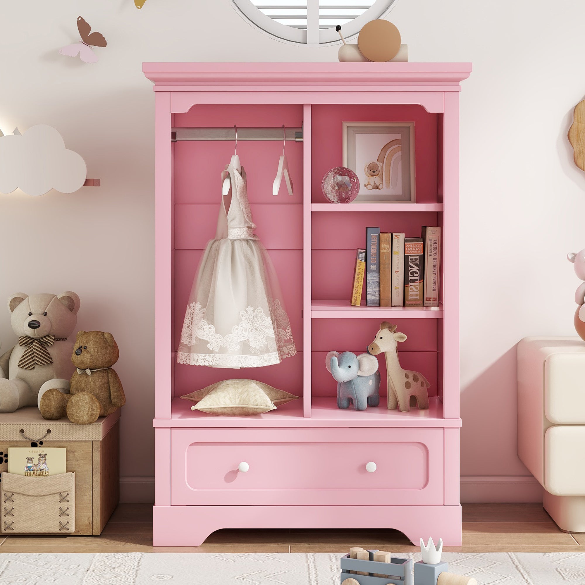 Open children's wardrobe with a hanging rod and open shelves, one large drawer, low design close to the ground for easy access,Pink.