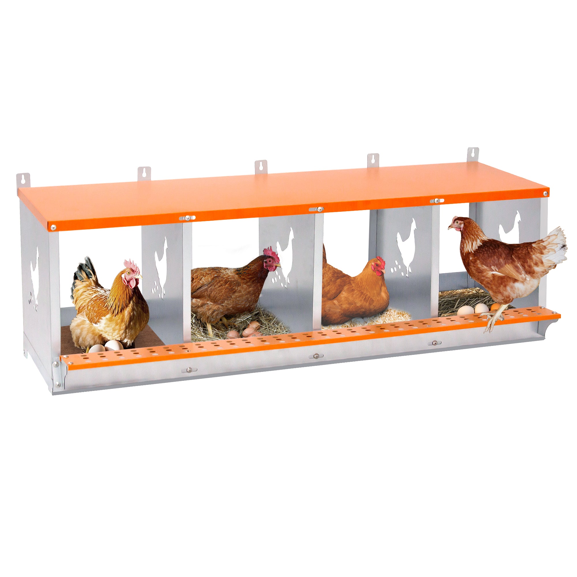 4-Bay Metal Nest Box-Wall Mount for Hens/Ducks, Easy Egg Collection & Assembly, Vented Galvanized Steel Coop Equipment Orange