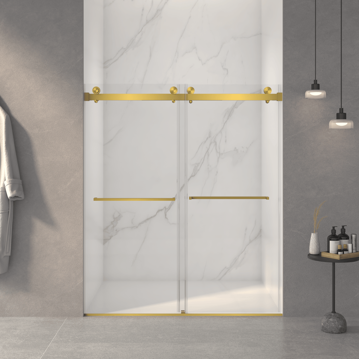 56-60'W x 70'H Frameless Double Sliding Shower Door,5/16' (8mm) Thick SGCC Tempered Clear Glass,Double Side Easy Clean Coat,Brushed Gold Finished With Buffer