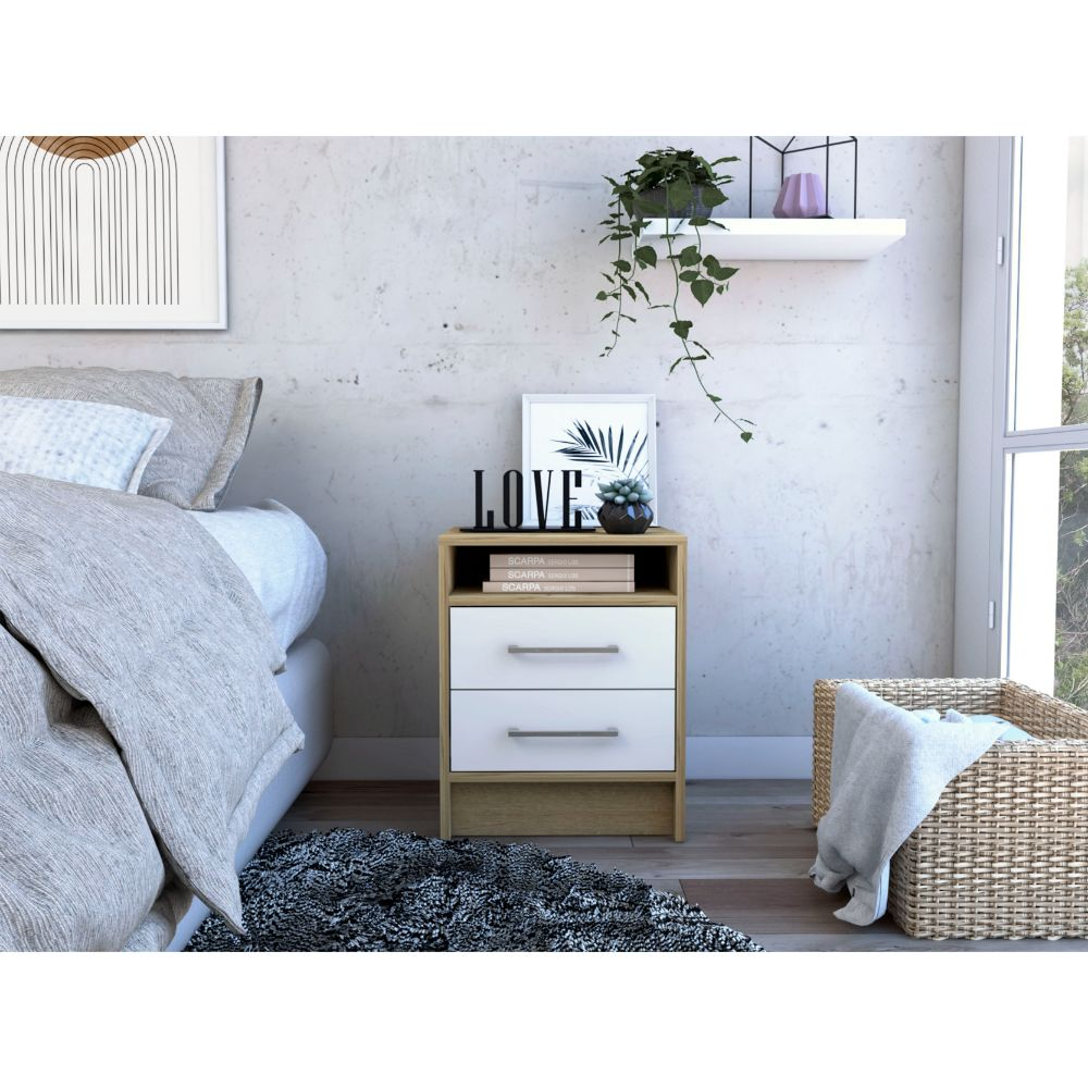 Nightstand 20'H, Two Drawers, Superior Top, Metal Handles, White / Light Oak