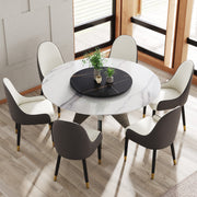 59.05' Round Marble Dining Table with Silver Stainless Steel Design Base, Artificial Marble for 6-8 People, 31.5'Black Artificial Stone Turntable,White&Black (Dining Table Only)