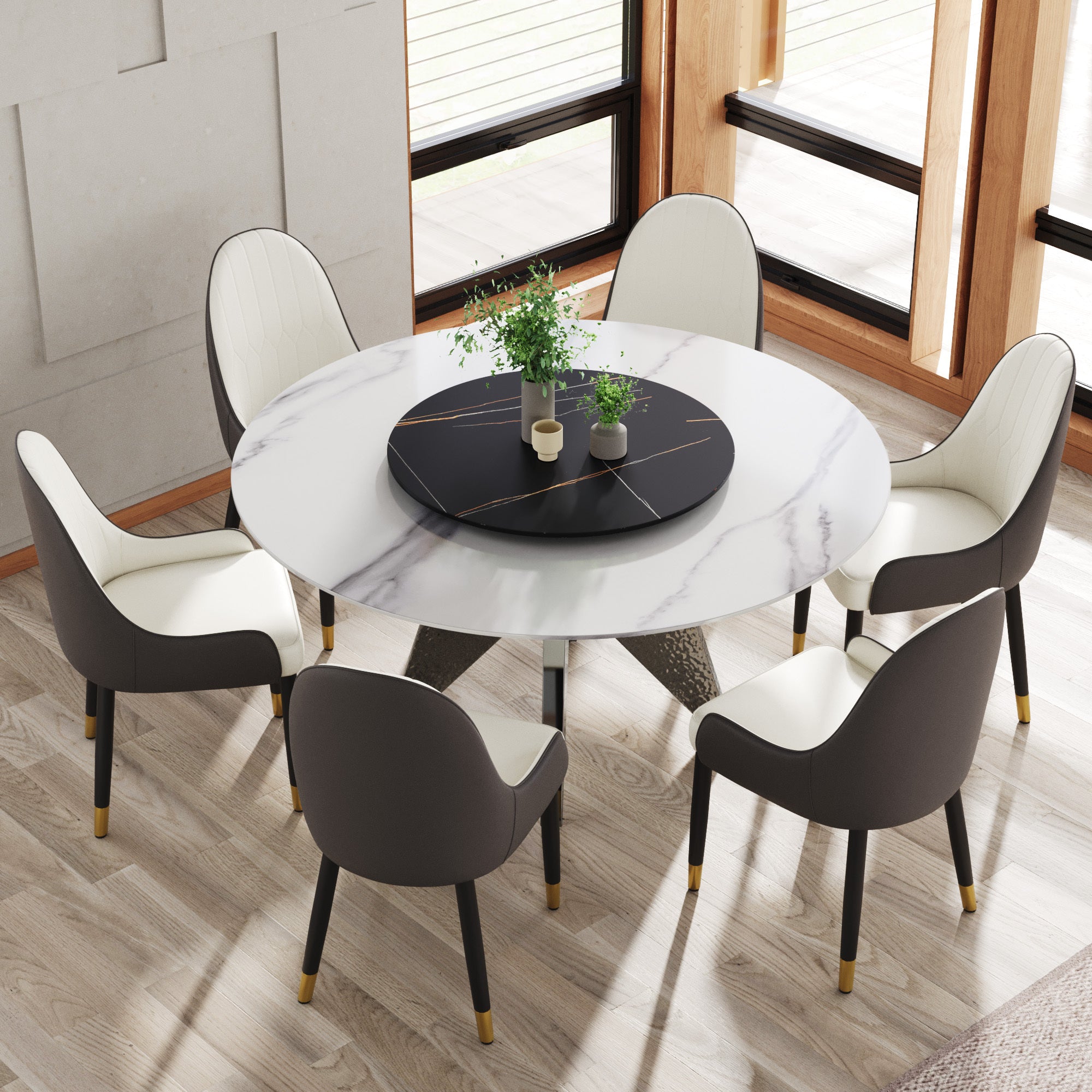 59.05' Round Marble Dining Table with Silver Stainless Steel Design Base, Artificial Marble for 6-8 People, 31.5'Black Artificial Stone Turntable,White&Black (Dining Table Only)