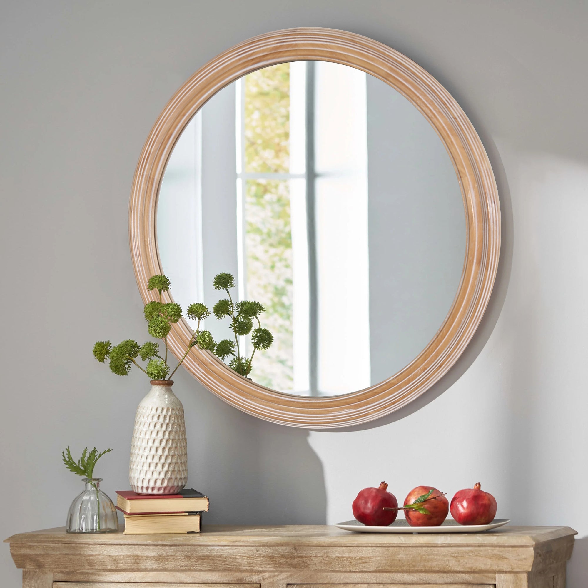27.5 inches Round Wall Mirror for Bathroom Vanity, Wooden Farmhouse Circle Mirrors for Bedroom, Entryway, Living Room, Kithen Whitewash Edge Decorative Mirror for Home, Office