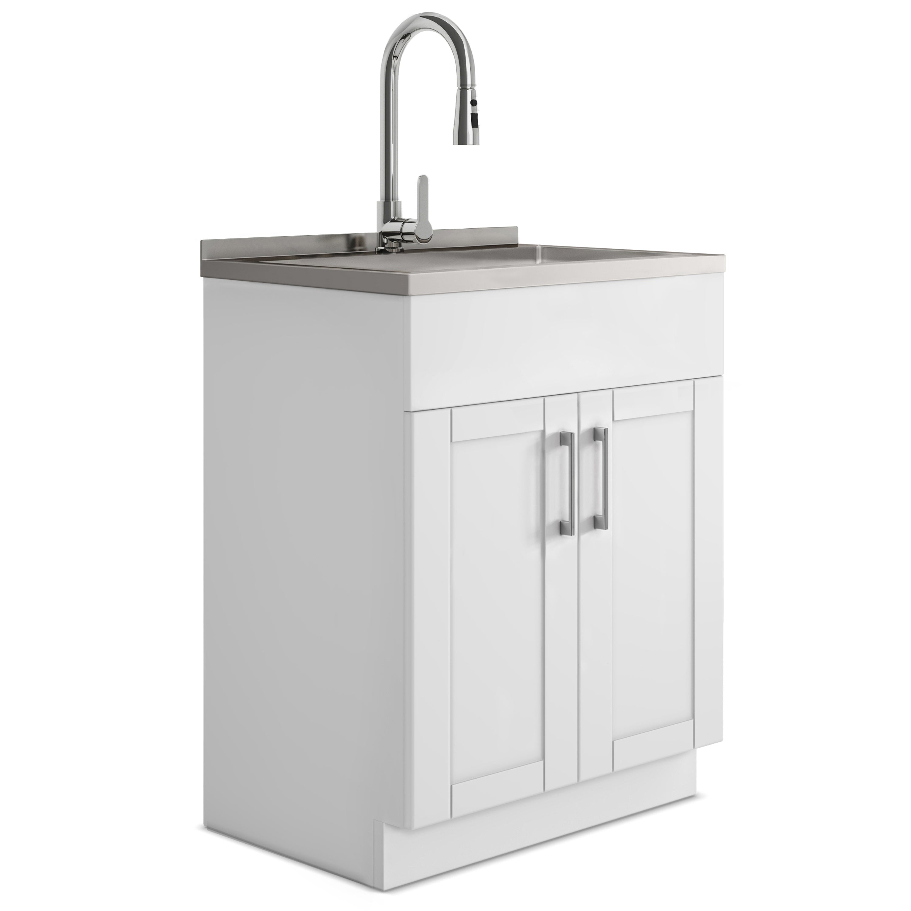 Modern Wide Shaker - 28' Laundry Cabinet with Faucet and Stainless Steel Sink - White
