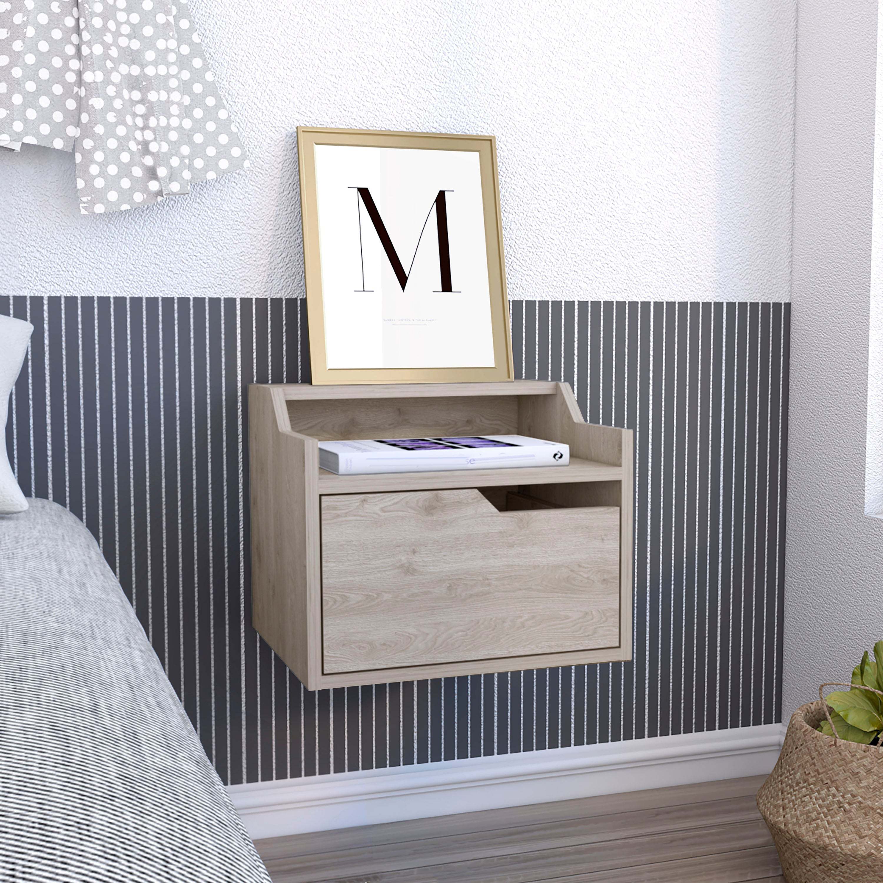 Busan Modern Floating Nightstand , End Table, Side Table Single-Drawer Design with Sleek Two-Tiered Top Shelf Surfaces- Light Grey - Bedroom