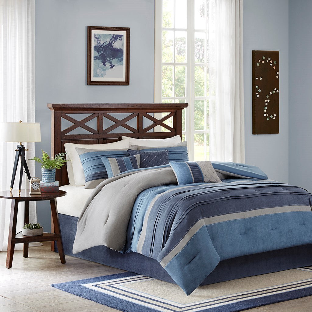 7 Piece Microsuede Comforter Set Navy Queen