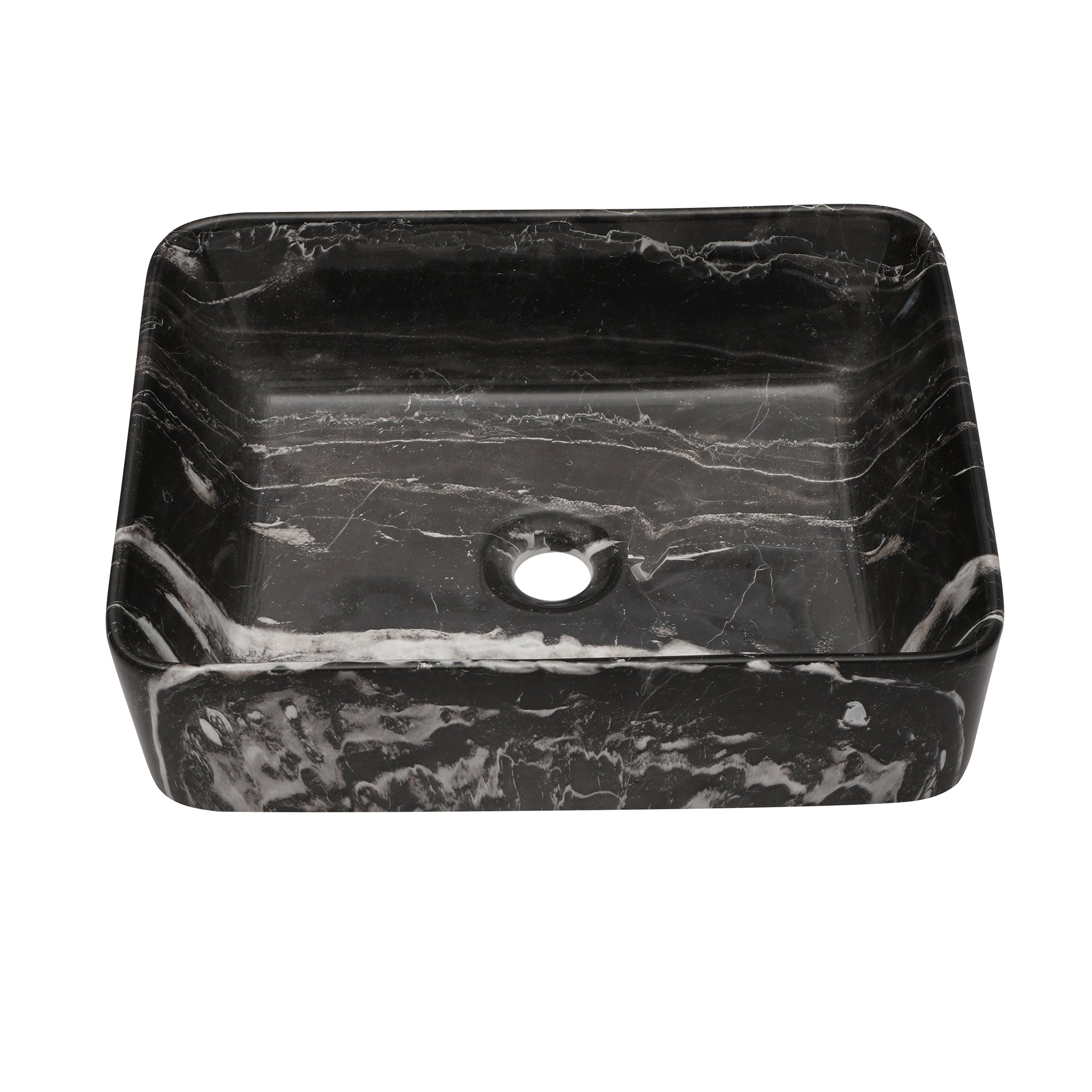 Elegant Marble Pattern Ceramic Rectangular Vessel Bathroom Sink in Black and Gray, 19x15 Inches