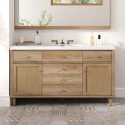60' Bathroom Vanity with SMC Sink, Modern Large Storage Bathroom Storage Cabinet with Soft Close Drawers and Rattan Doors, Silver Metal Knobs and 5 Pine Legs, Natural