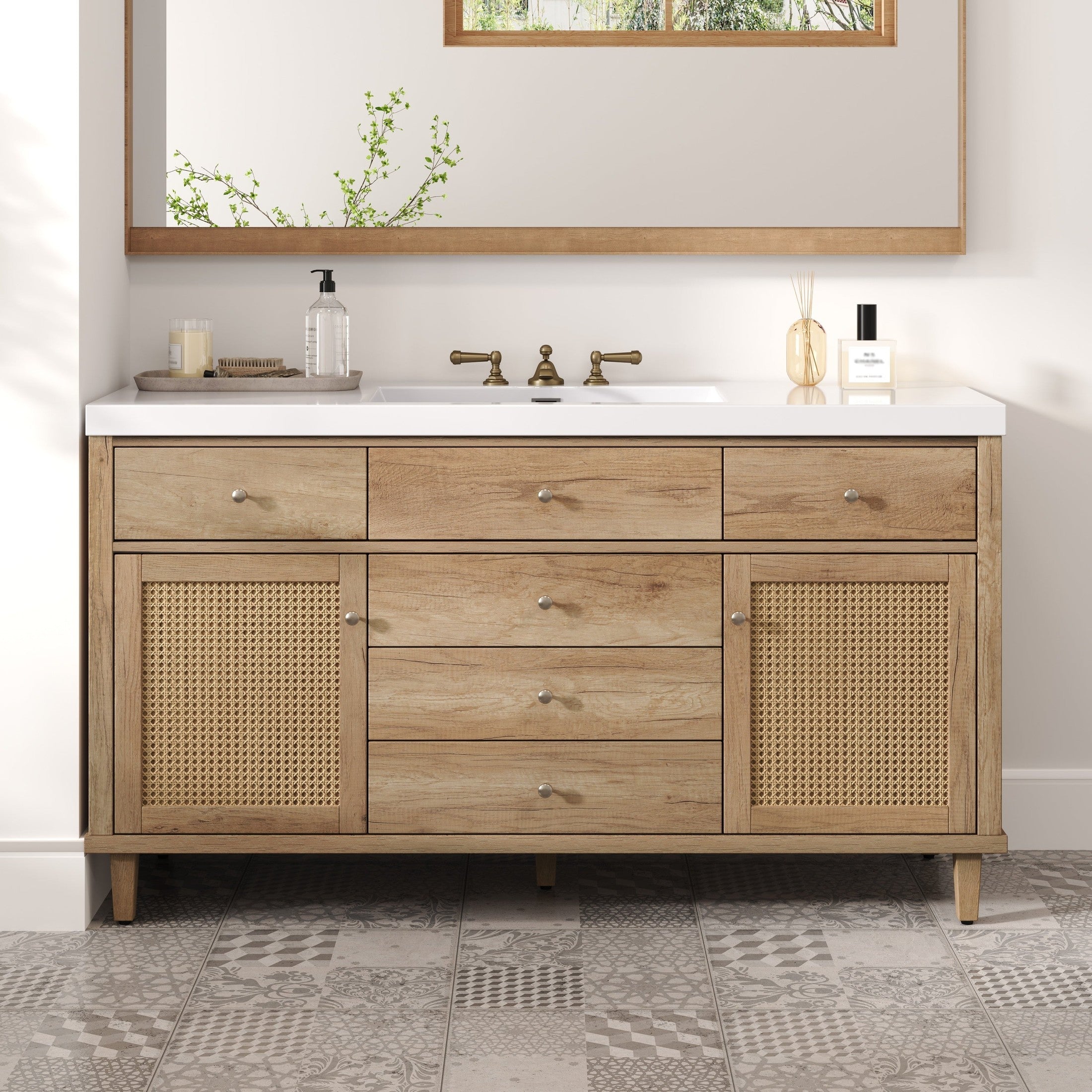 60' Bathroom Vanity with SMC Sink, Modern Large Storage Bathroom Storage Cabinet with Soft Close Drawers and Rattan Doors, Silver Metal Knobs and 5 Pine Legs, Natural