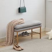 End of Bed Bench with Shelf, Linen Upholstered Storage Shoe Bench, Modern Bedroom Bench with Metal Legs for Living Room, Entryway, Dining Room, 300 LB, Linen Color(Gray)