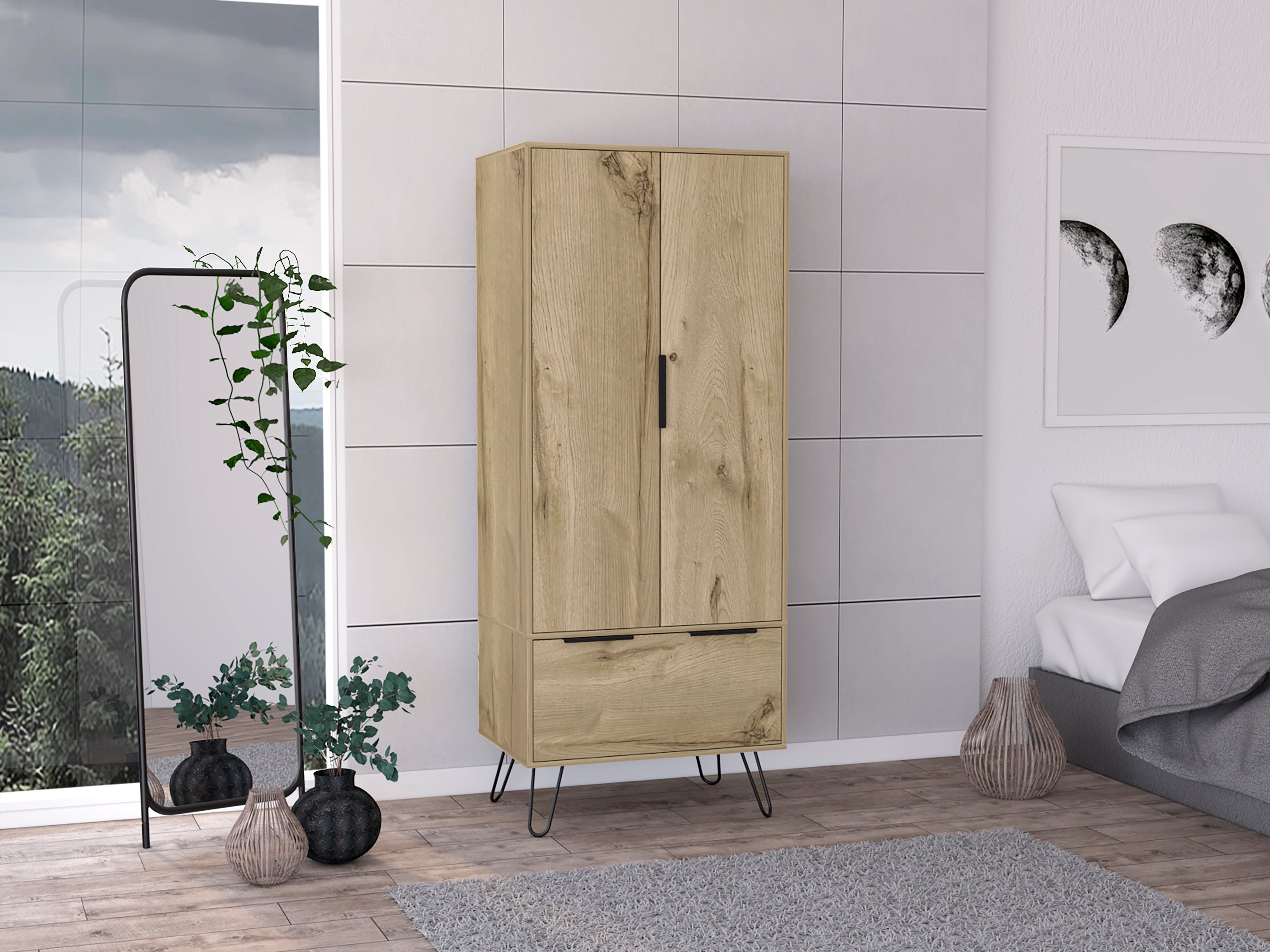 Light Oak Wooden Wardrobe with 2-Doors and 1-Drawer