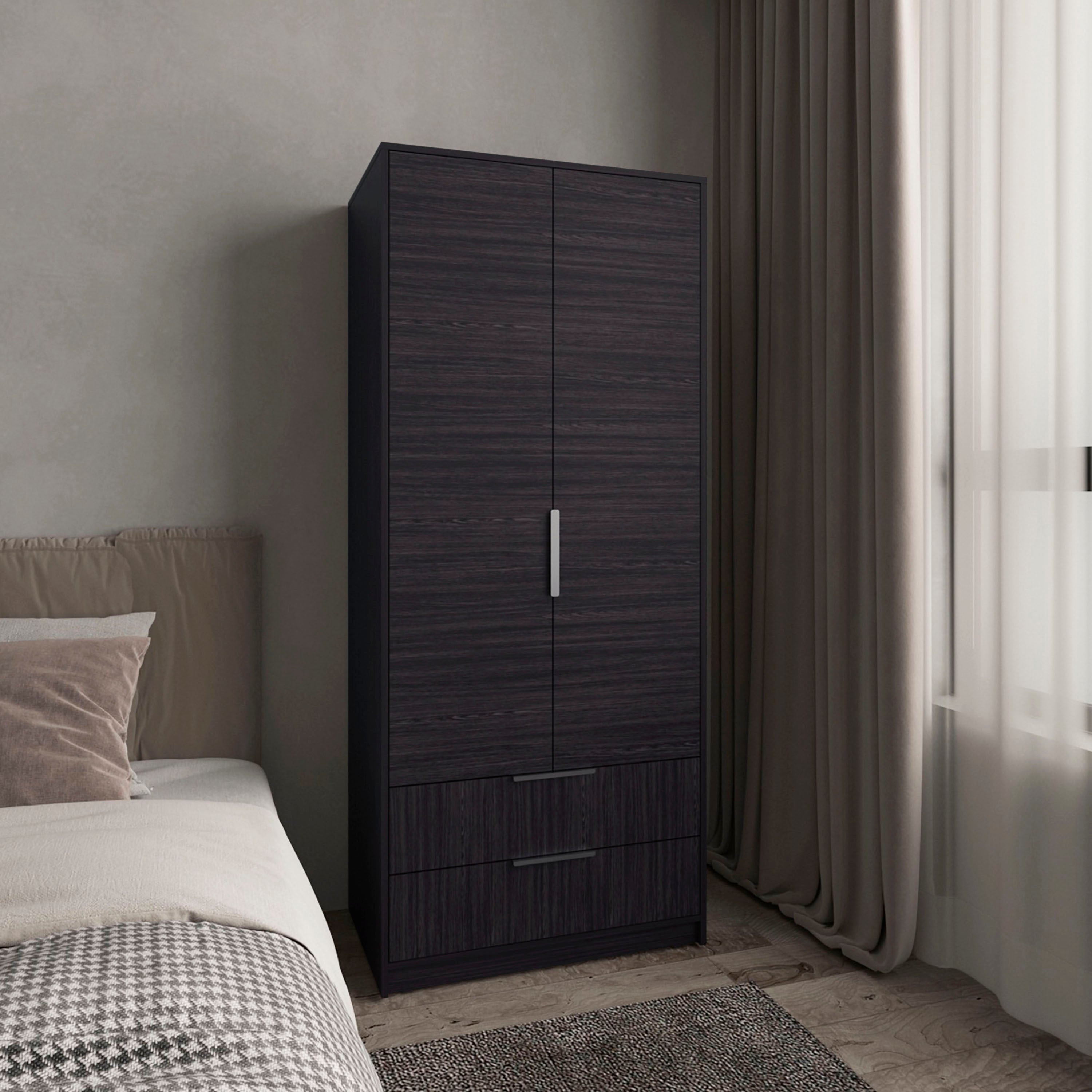 Wenden Armoire Double Doors, Two Drawes, Hanging Rod An Interior Shleves, Wardrobe, Black