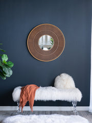 31.5x1x31.5' Round Carter Wooden Mirror with Gold Iron Frame Neutral Colorway Wall Decor for Live space, Bathroom, Entryway Wall Decor