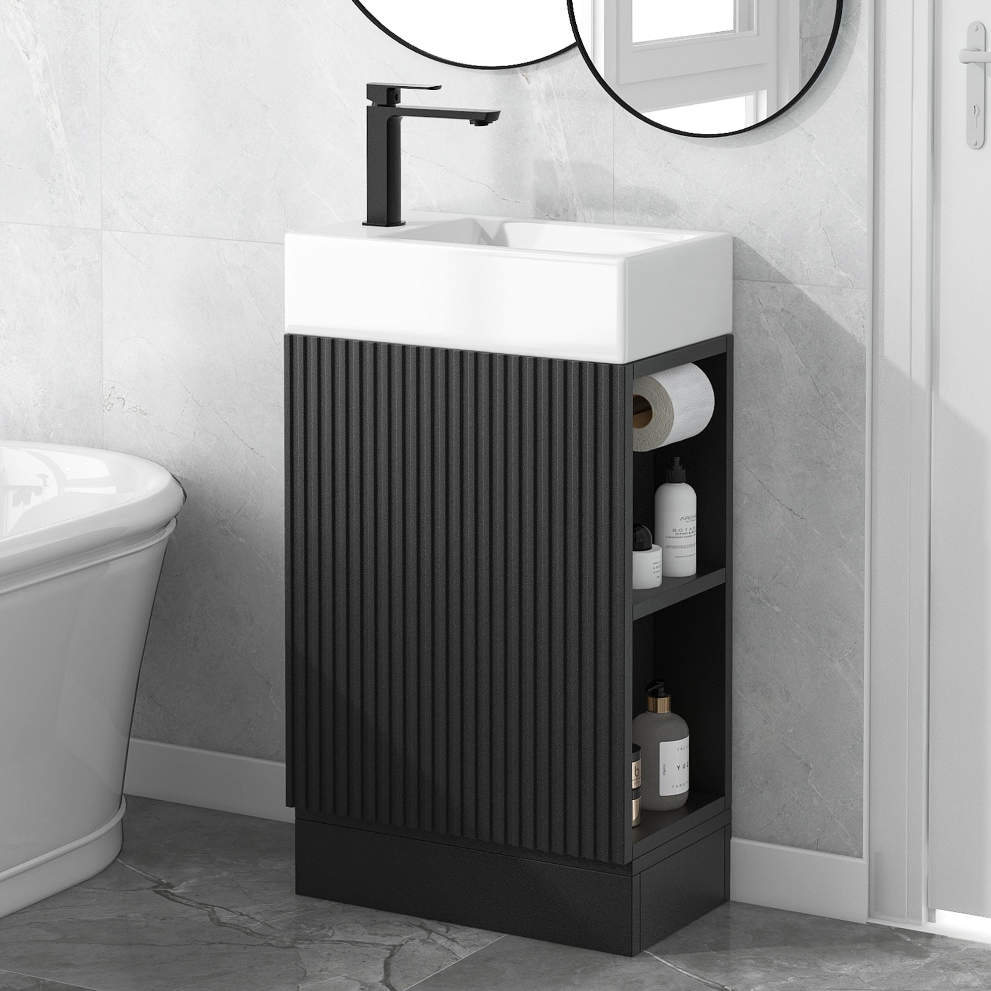 18.6' Bathroom Vanity with Sink, Bathroom Vanity Cabinet with Two-tier Shelf, Left or Right Orientation, Black (WF308491 New Color)