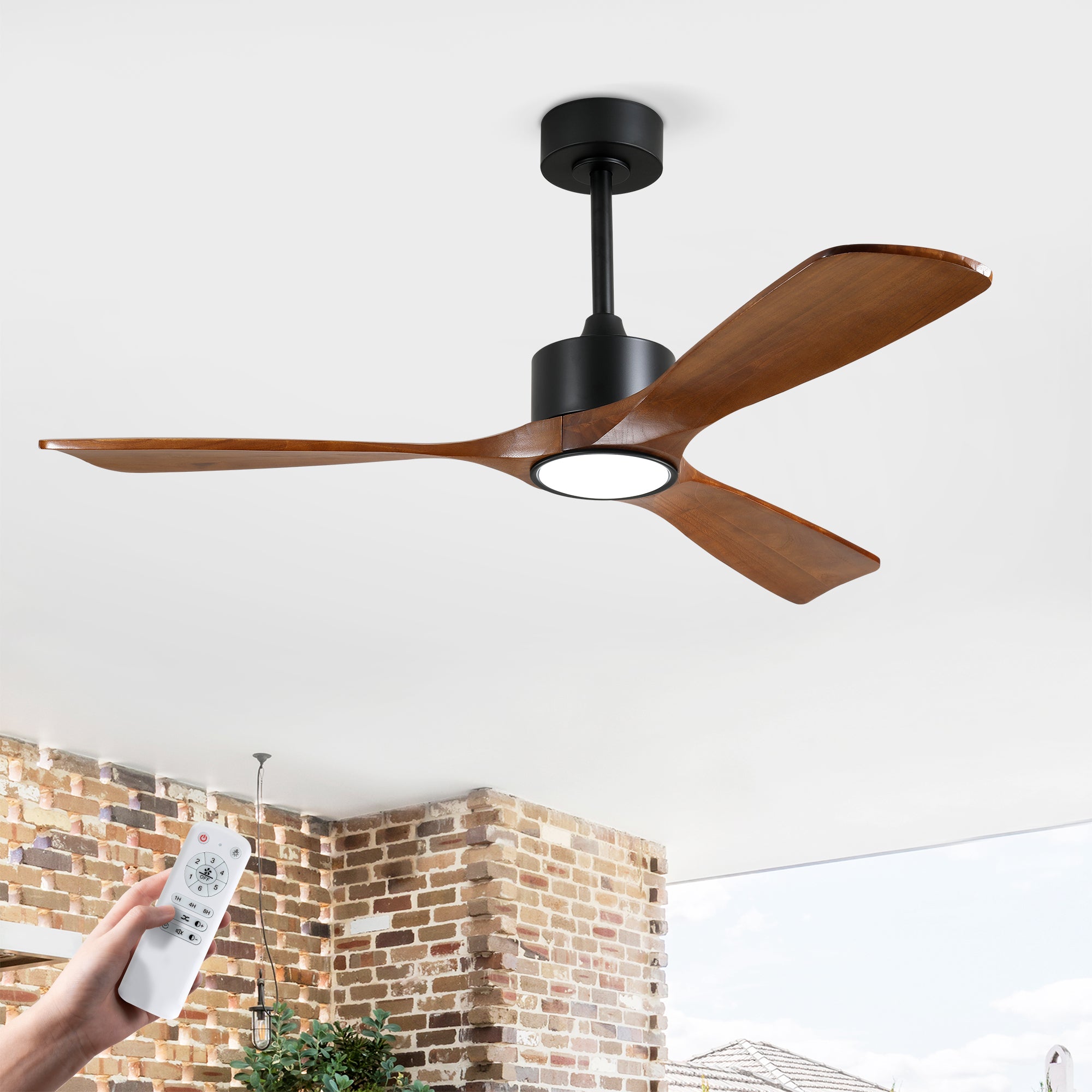 52 Inch 3 Rod Solid Wood Ceiling Fan With Light Kit Dimmable LED, DC 6 Speed ,Remote Control Ceiling Fan  for Patio Living Room, Bedroom, Office,Indoor.(Matte Black +Wood)