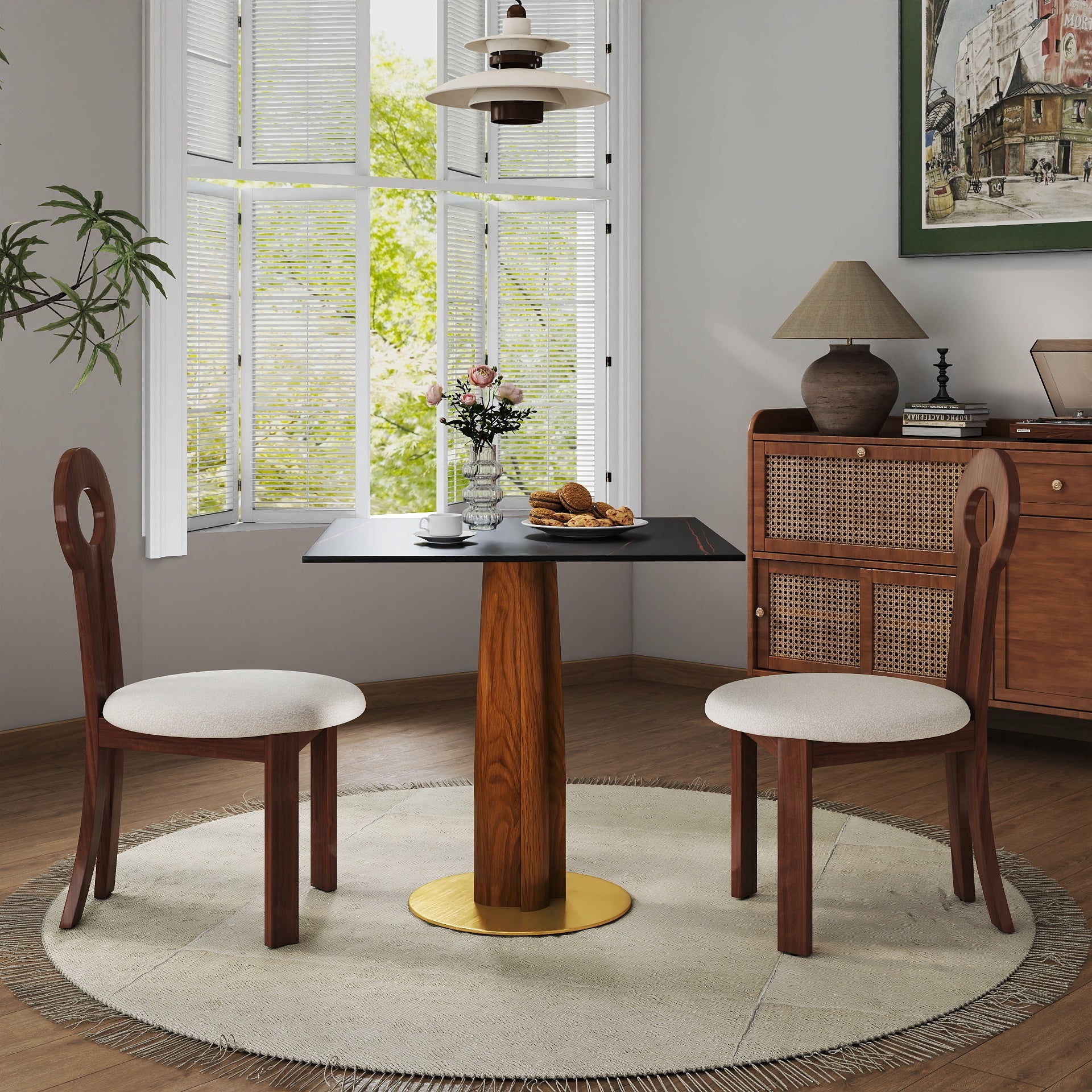 Modern Square Dining Table, 33.5' Sintered Stone Table with Wooden Leg & Gold Base, 2 - Person Kitchen Table for Small Space, 150lbs Weight Capacity(Only the Negotiation Table)