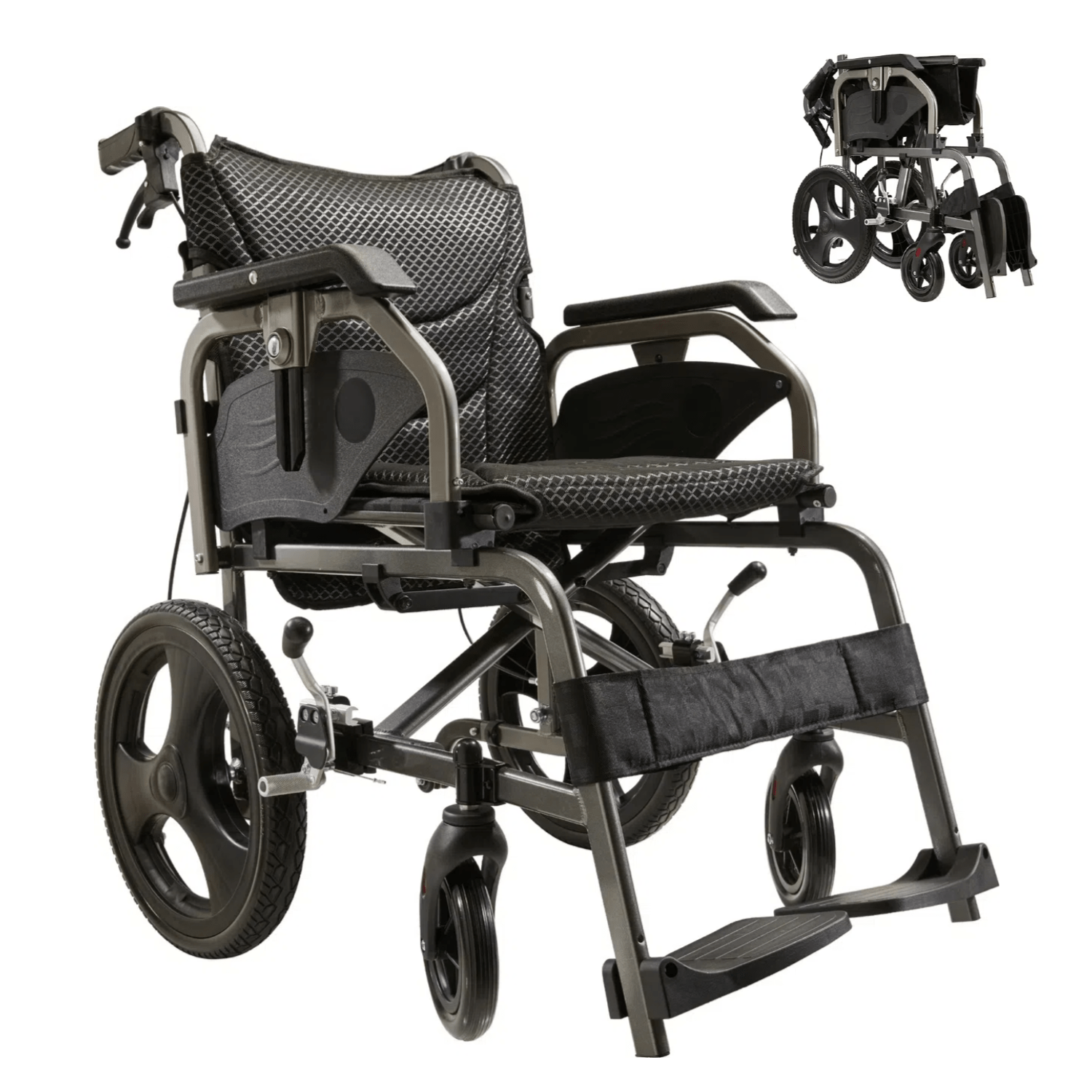 Lightweight Foldable Transport Wheelchair for Adults - Square Tube Design,Double Brakes,Adjustable Seat & Armrest,Breathable Cushion,Anti-backflip,250lbs Capacity,15' Pu Tires, Grey