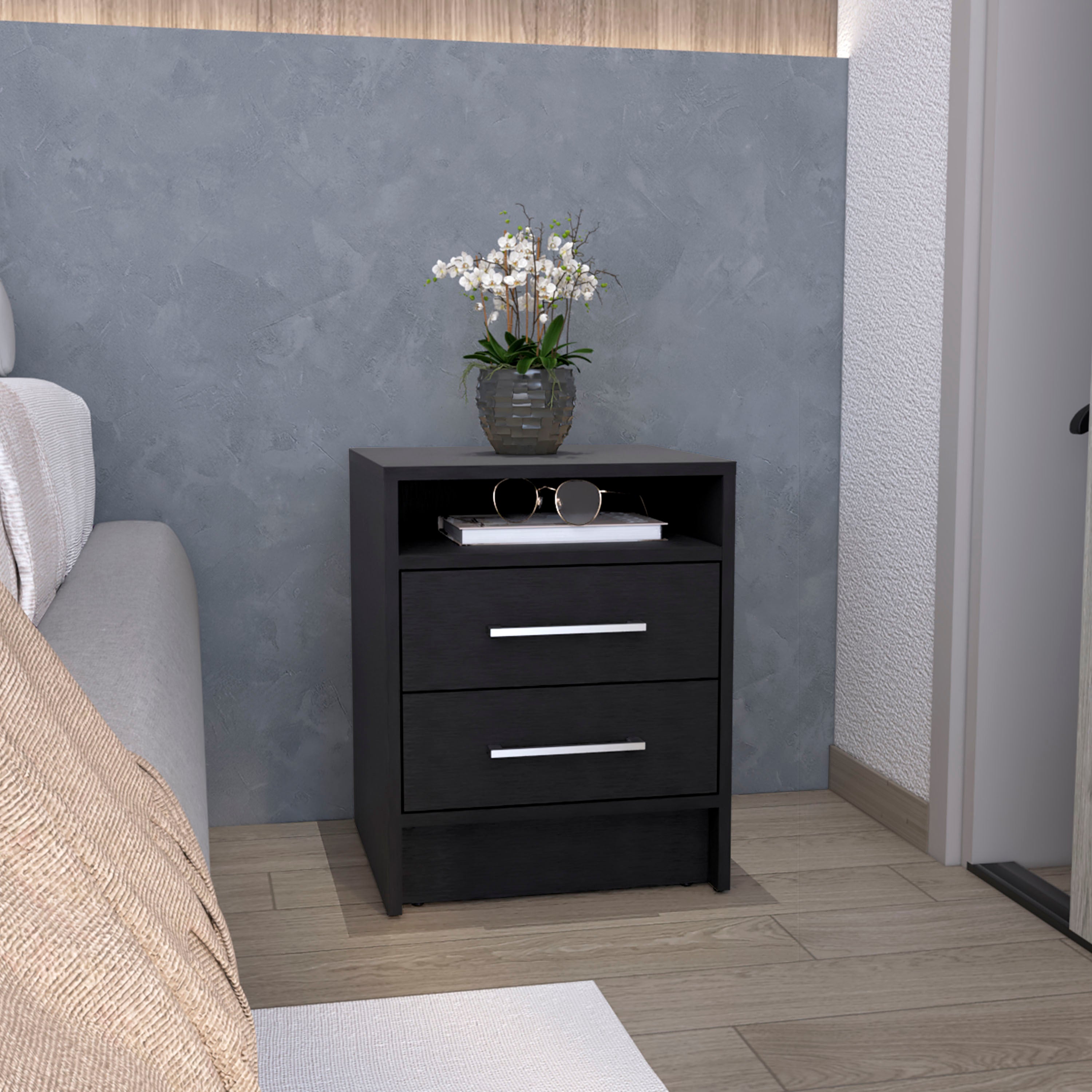 Nightstand 23.6' H, with 2 Drawers and 1 Shelf, Black