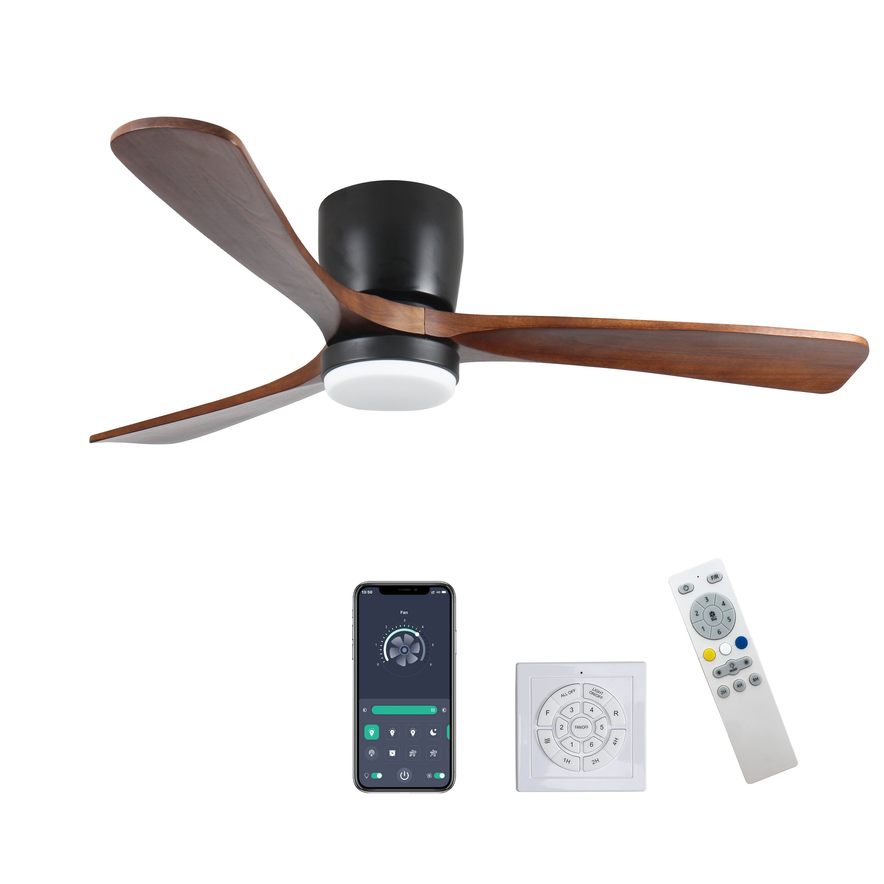 42 inch Black Wood Ceiling Fans with Lights and Remote, Modern Flush Mount Low Profile Ceiling Fan with Light, 6 Speed, Reversible DC Motor, for Bedroom/Outdoor/Farmhouse/Patios
